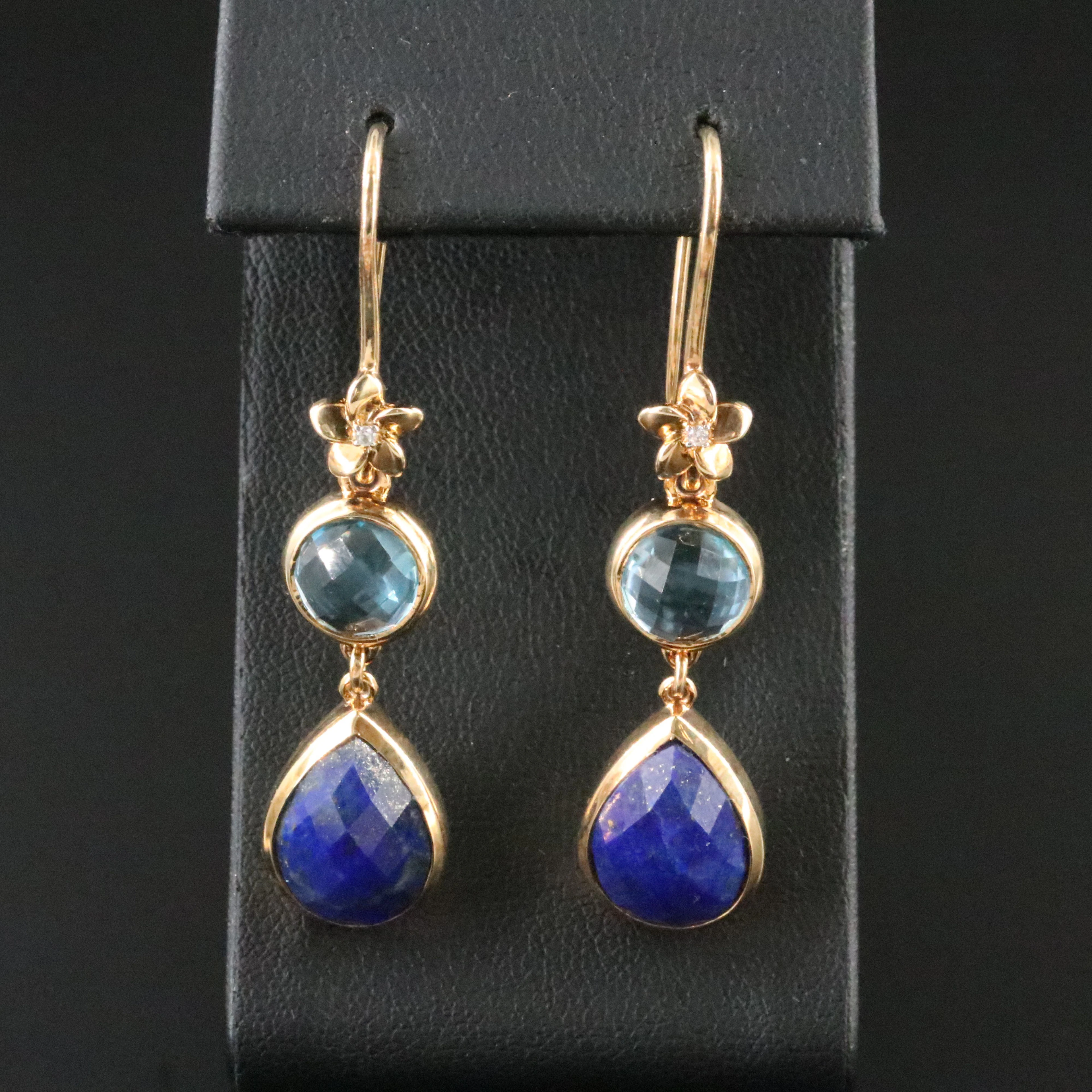 Sterling Blue Topaz and Lapis Lazuli Drop Earrings with Plumeria Flower Detail