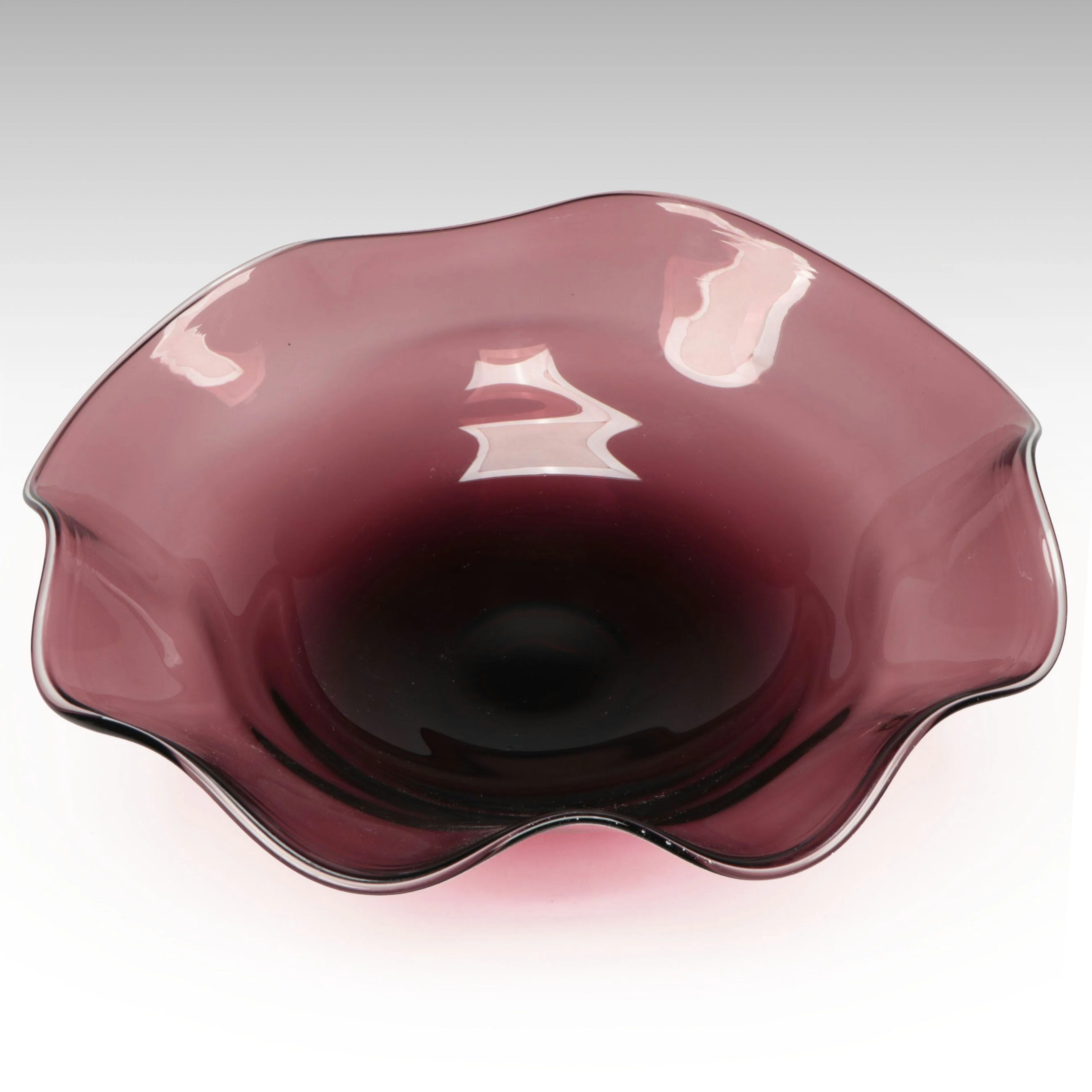 Blenko American Handblown Amethyst Ruffled Glass Decorative Bowl