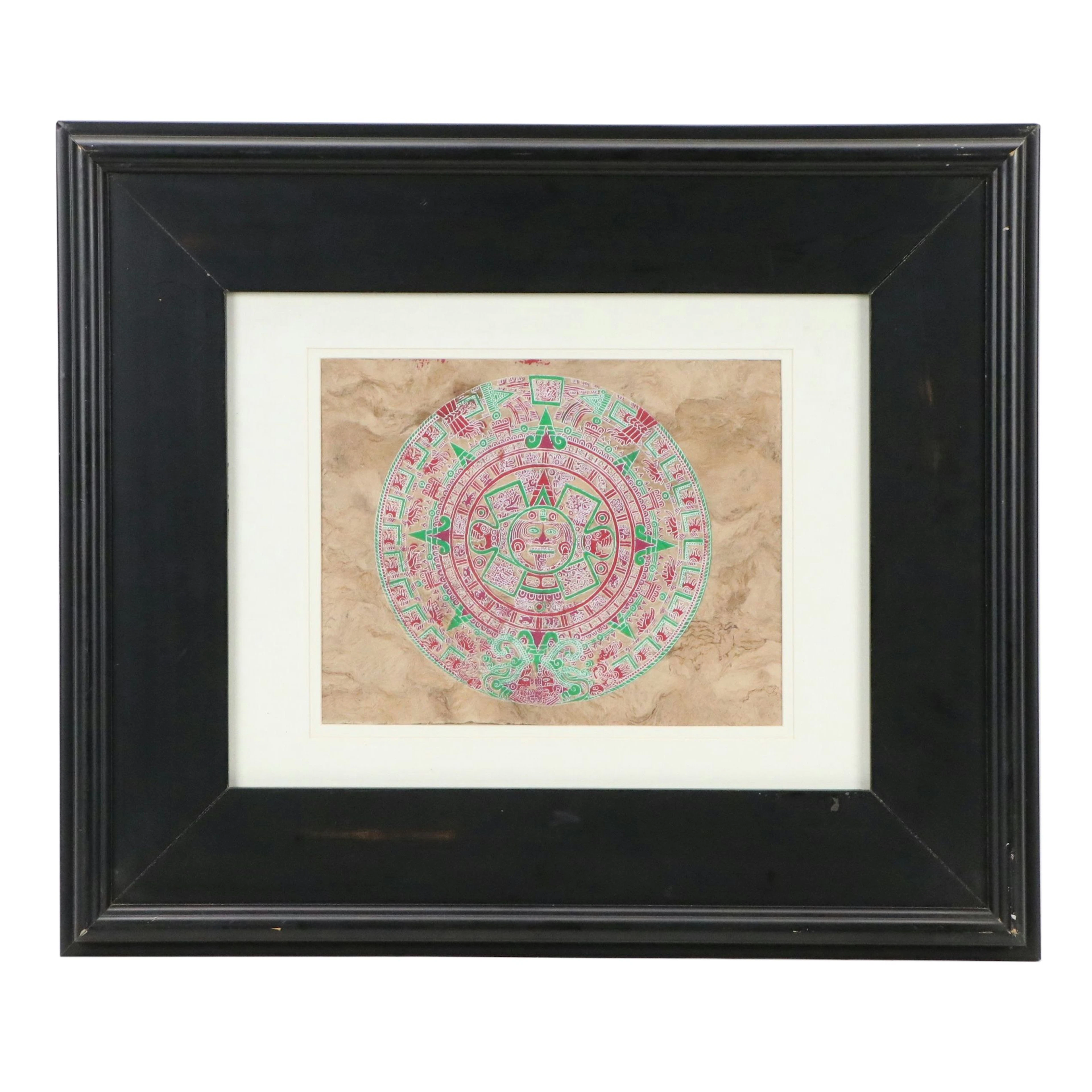 Mexican Folk Art Style Screenprint of Mesoamerican Calendar