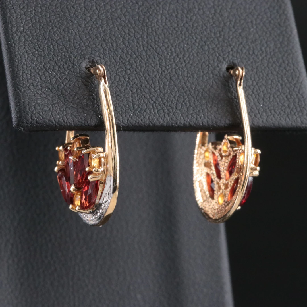 10K Garnet and Citrine Drop Earrings with Diamond Accents