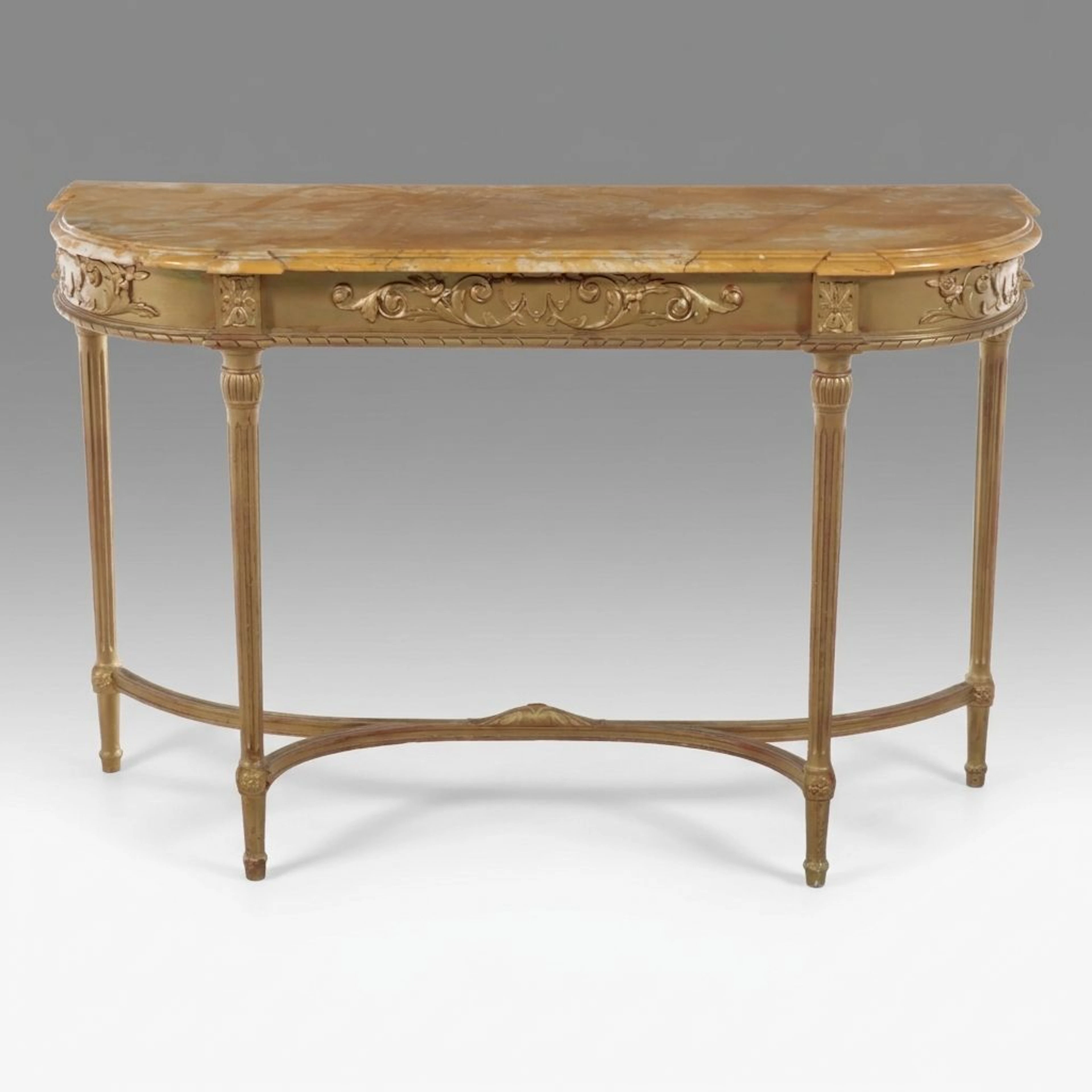 French Louis XVI Style Giltwood Demilune Console Table with Faux Marble Top