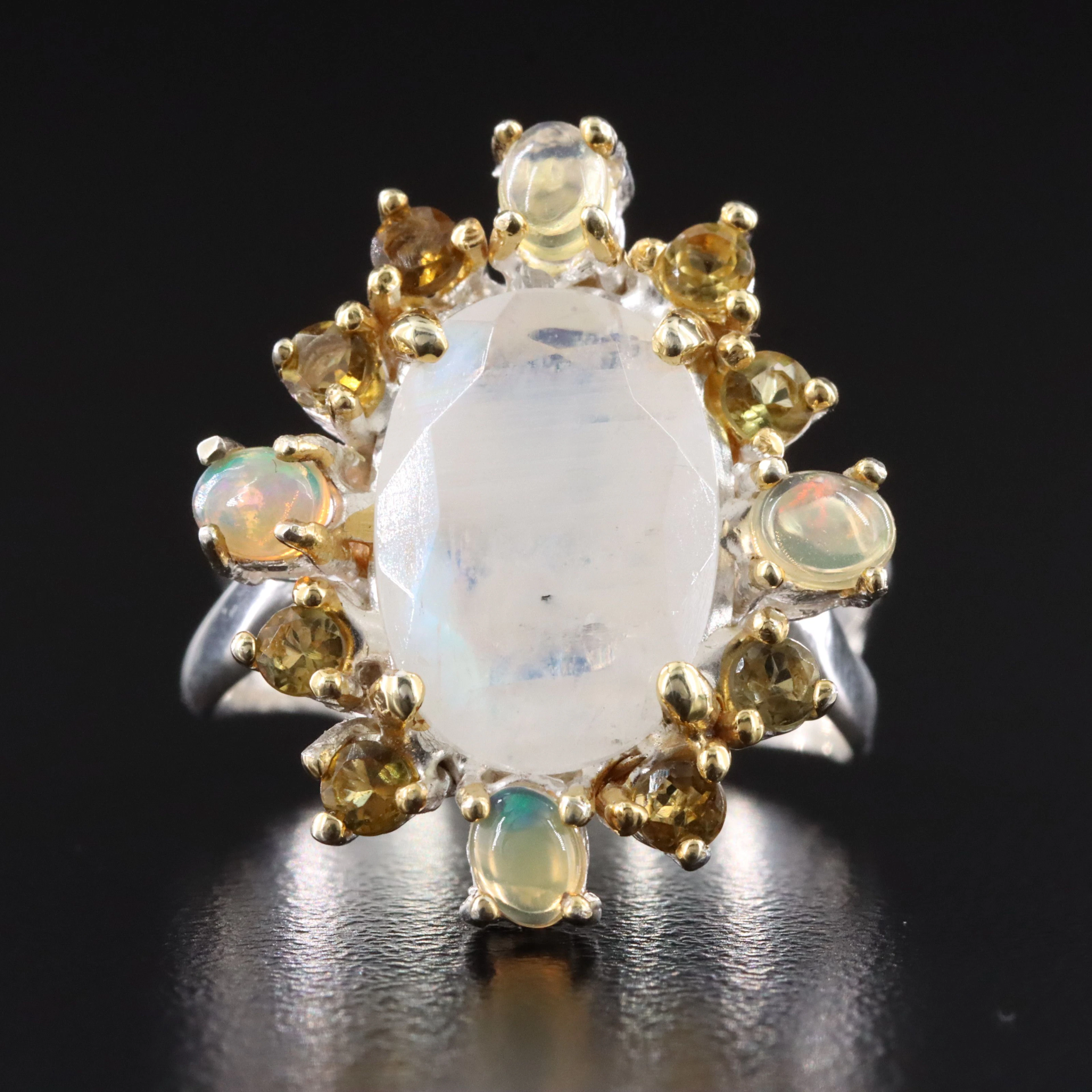 Sterling Rainbow Moonstone, Opal and Labradorite Ring with Gold Tone Accents