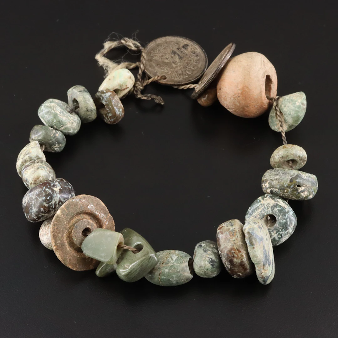 Ceramic and Jasper Beads with 1890s Guatemala 25-Centavos Silver Coins