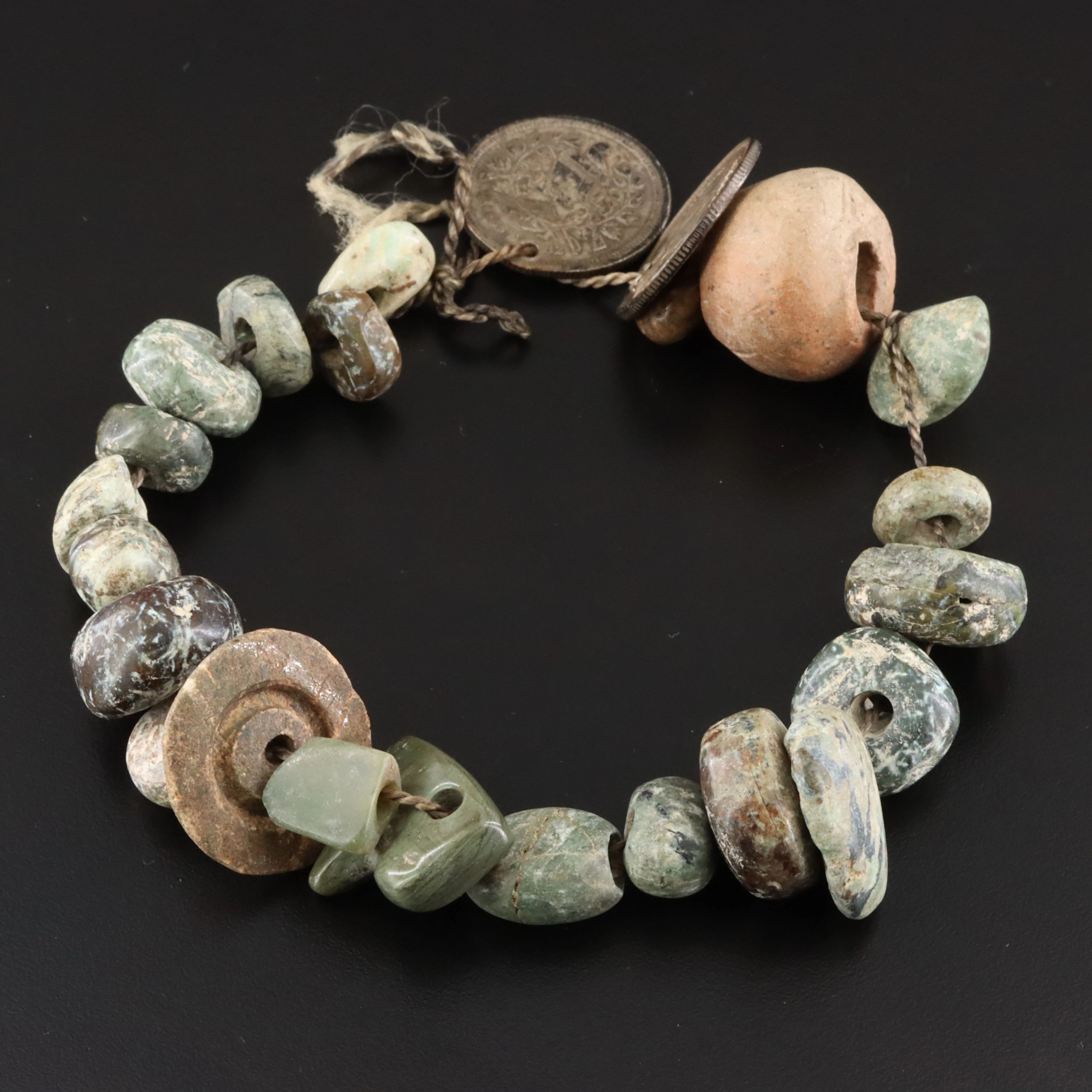 Ceramic and Jasper Beads with 1890s Guatemala 25-Centavos Silver Coins
