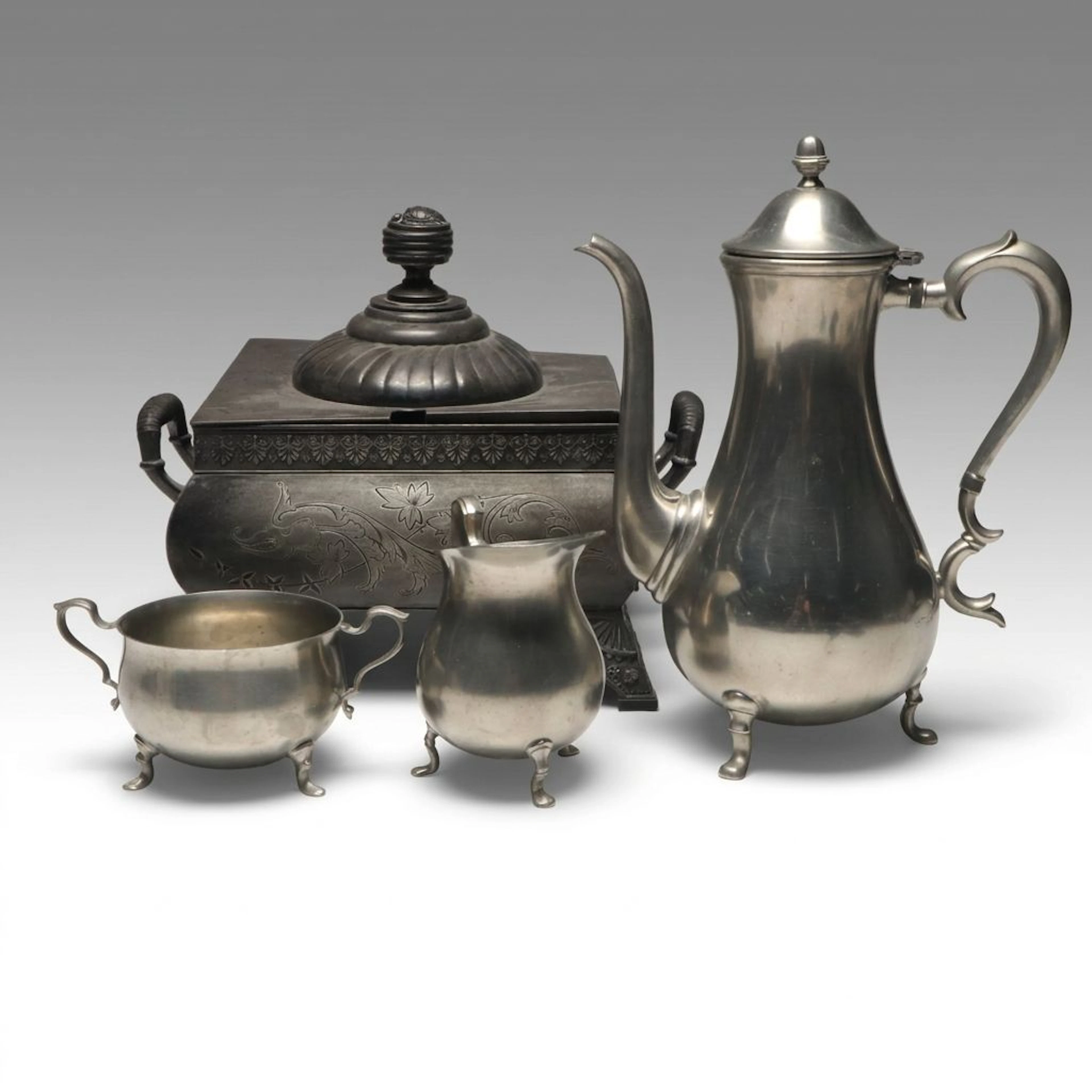 International Pewter Coffee Pot, Creamer and Sugar with Derby Silver Plate Box