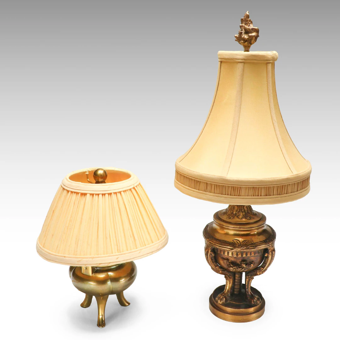 Chinese Lobed Urn with Footed Urn Table Lamps and Silk Shades