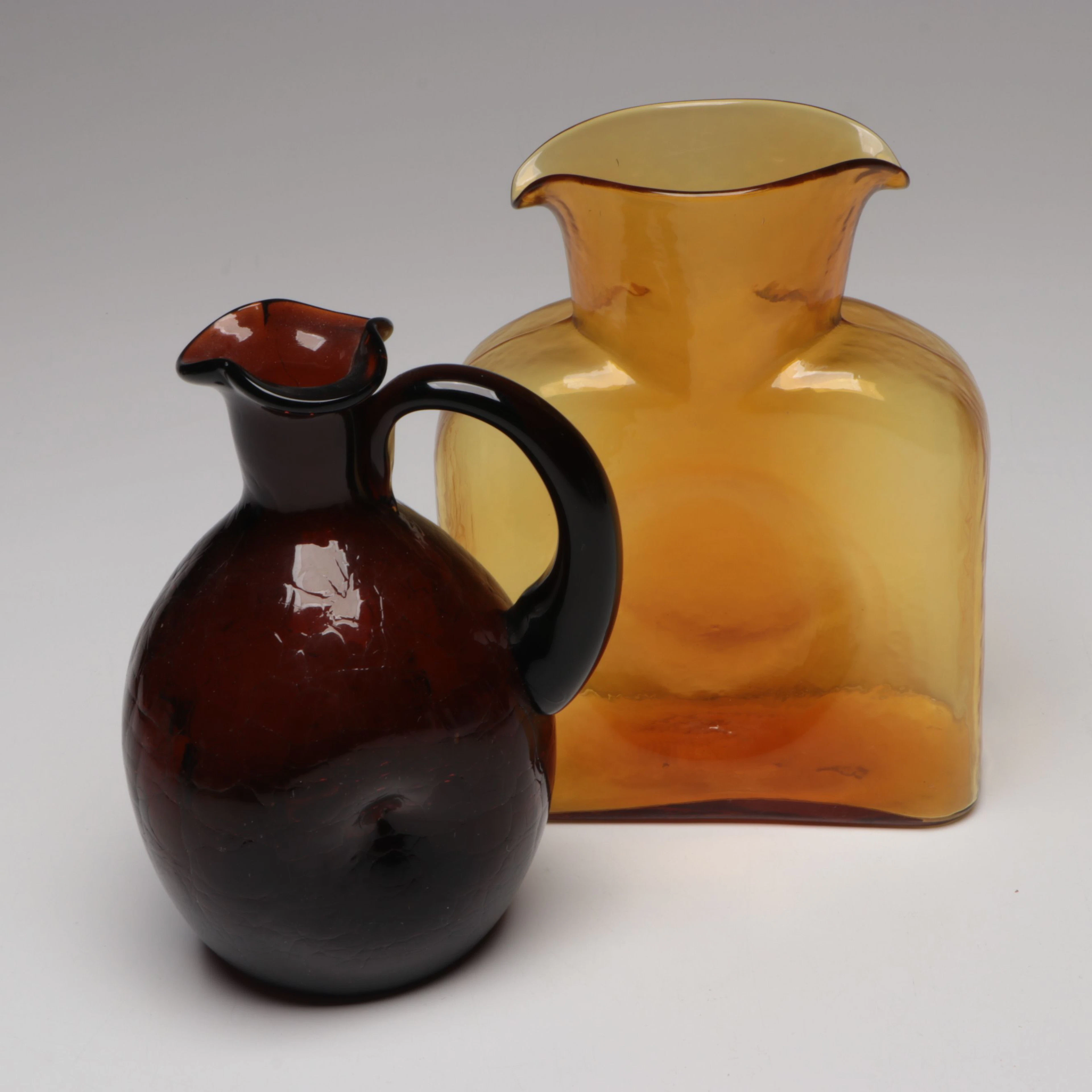 Blenko Amber Art Glass Vase with Crinkle Glass Pitcher