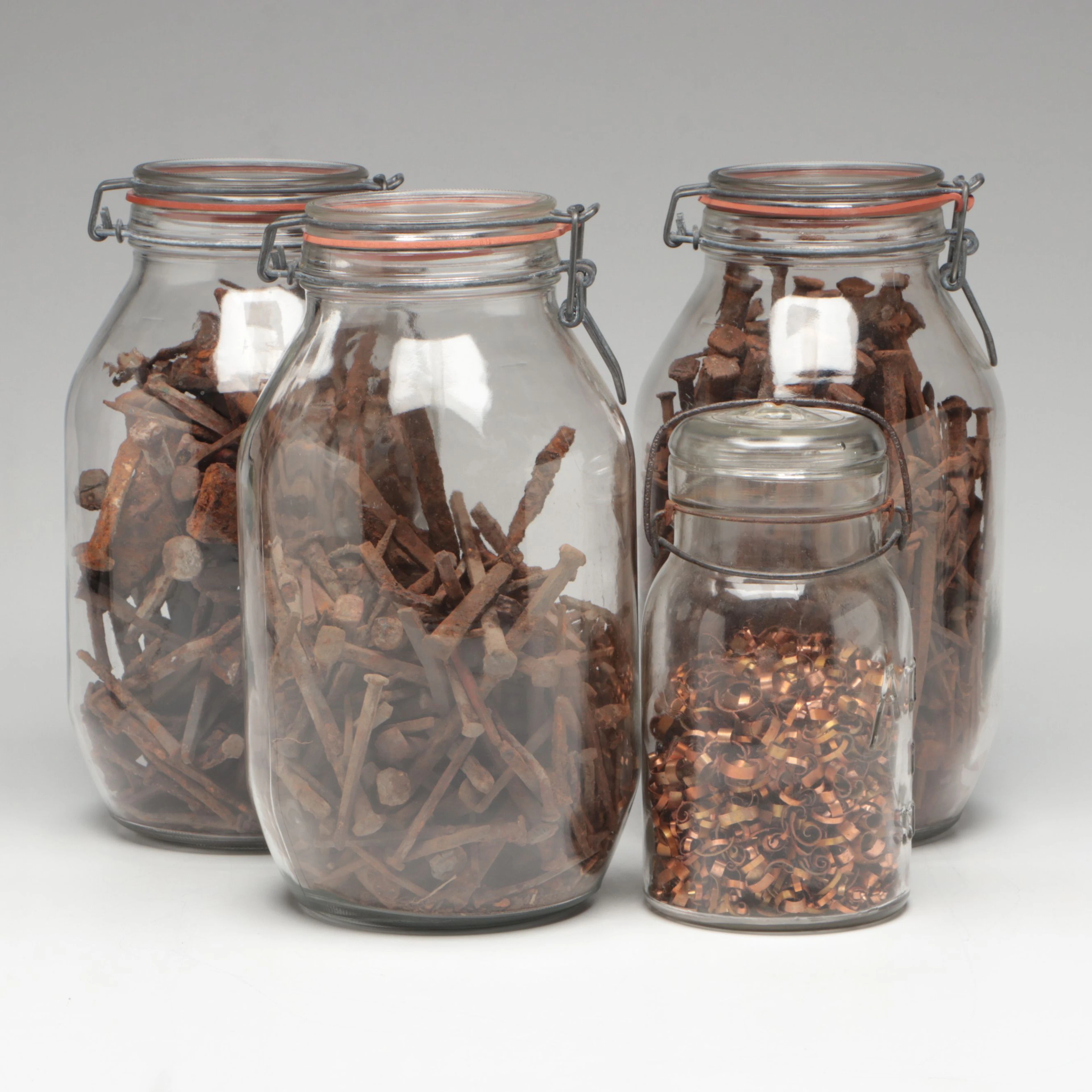 Jars of Hand-Forged Antique Square Head Nails and Other Copper Shavings