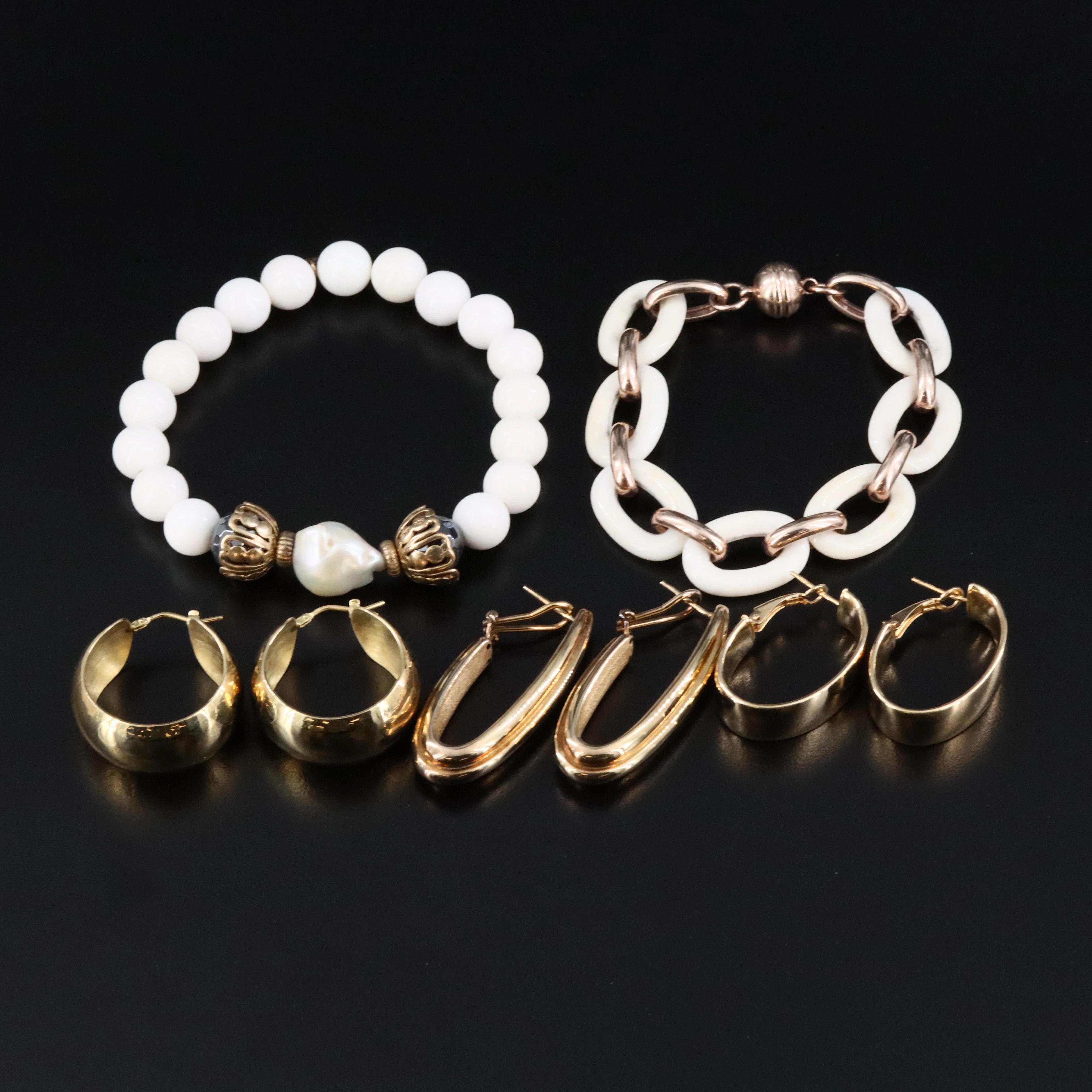 Sterling Hoop Earrings and Bracelets Featuring White Agate, Hematite and Pearl