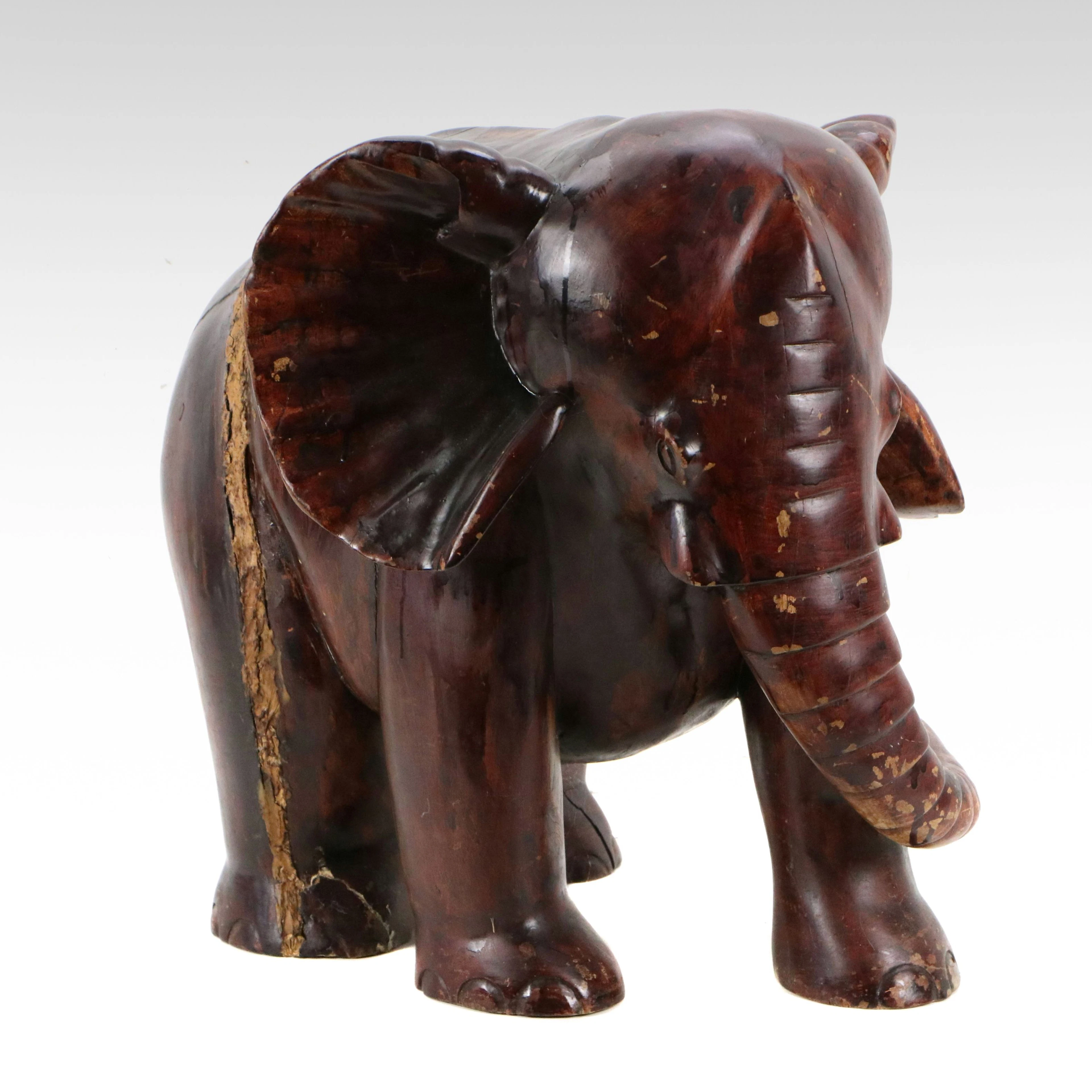 Vintage Large-Scale Hand-Carved Hardwood Elephant Sculpture