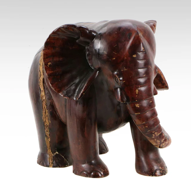 Vintage Large-Scale Hand-Carved Hardwood Elephant Sculpture