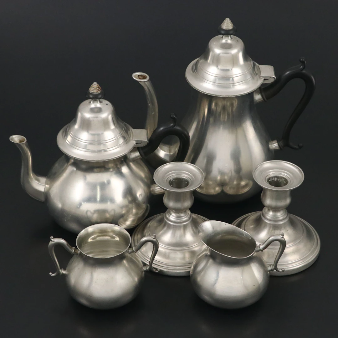 Royal Holland "Sleepy Hollow" Pewter Tea and Coffee Service with Candle Holders