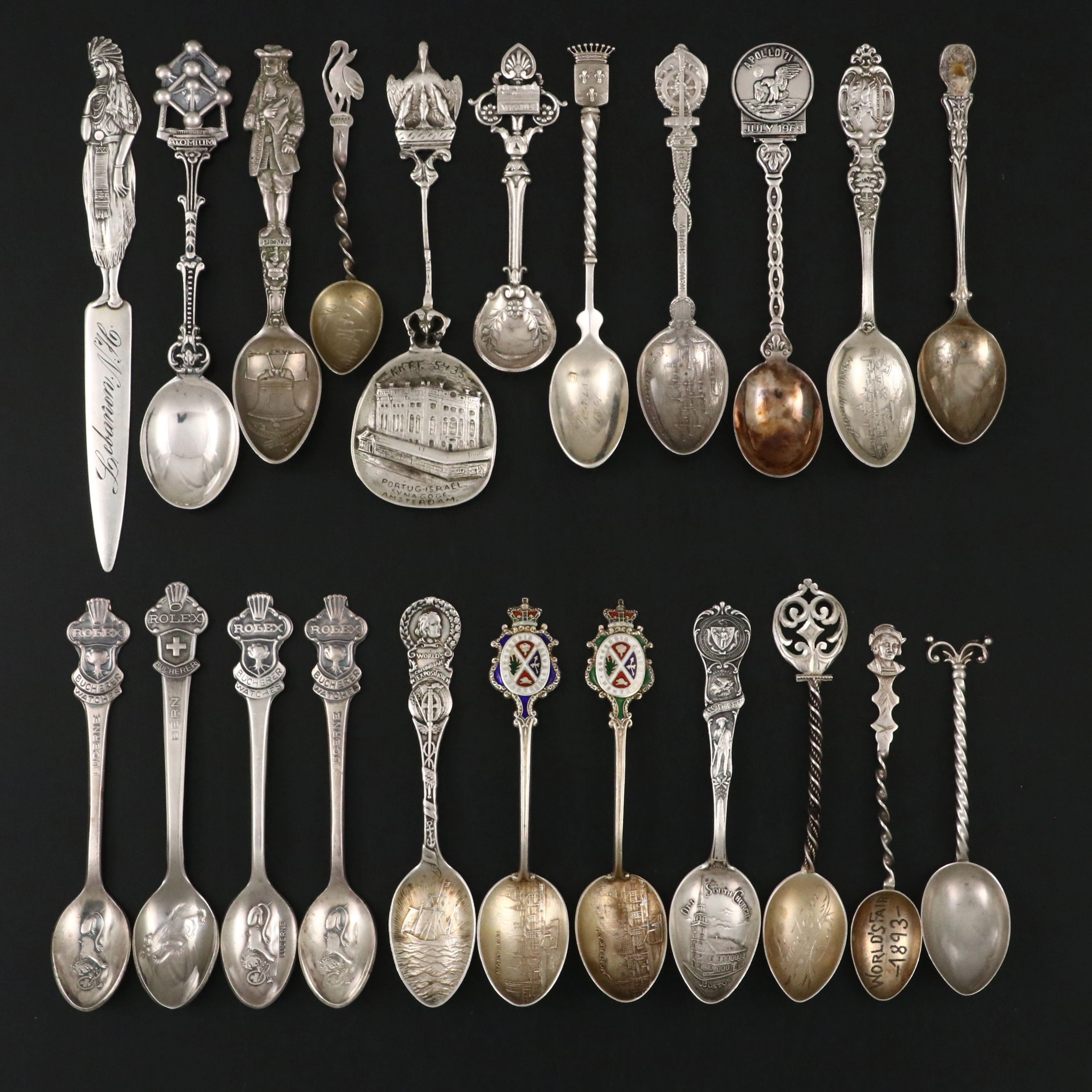 Bucherer Swiss Rolex Spoons with Other Sterling and Metal Souvenir Spoons