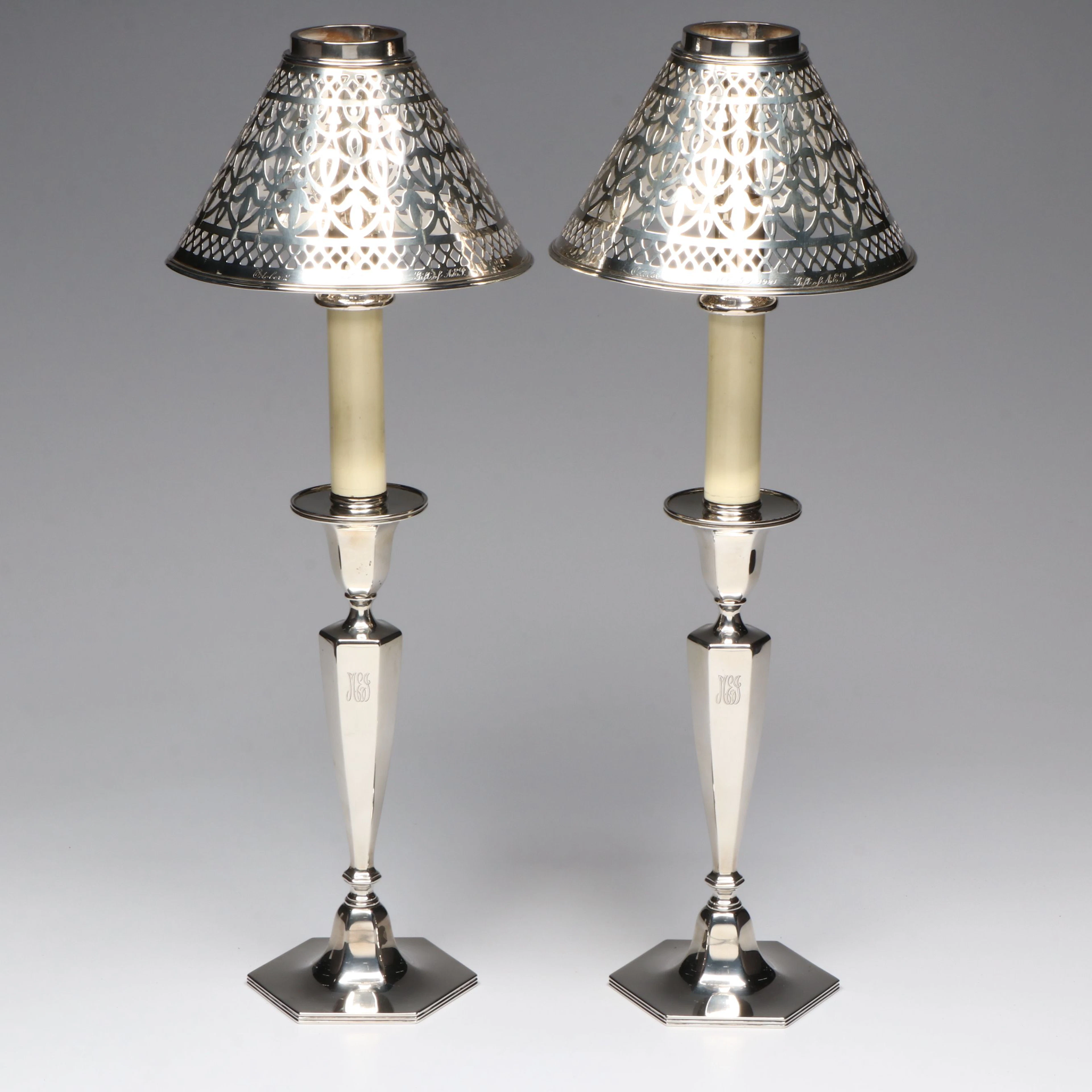 Antique Tiffany & Co. Sterling Silver Candlesticks with Shades, 1920