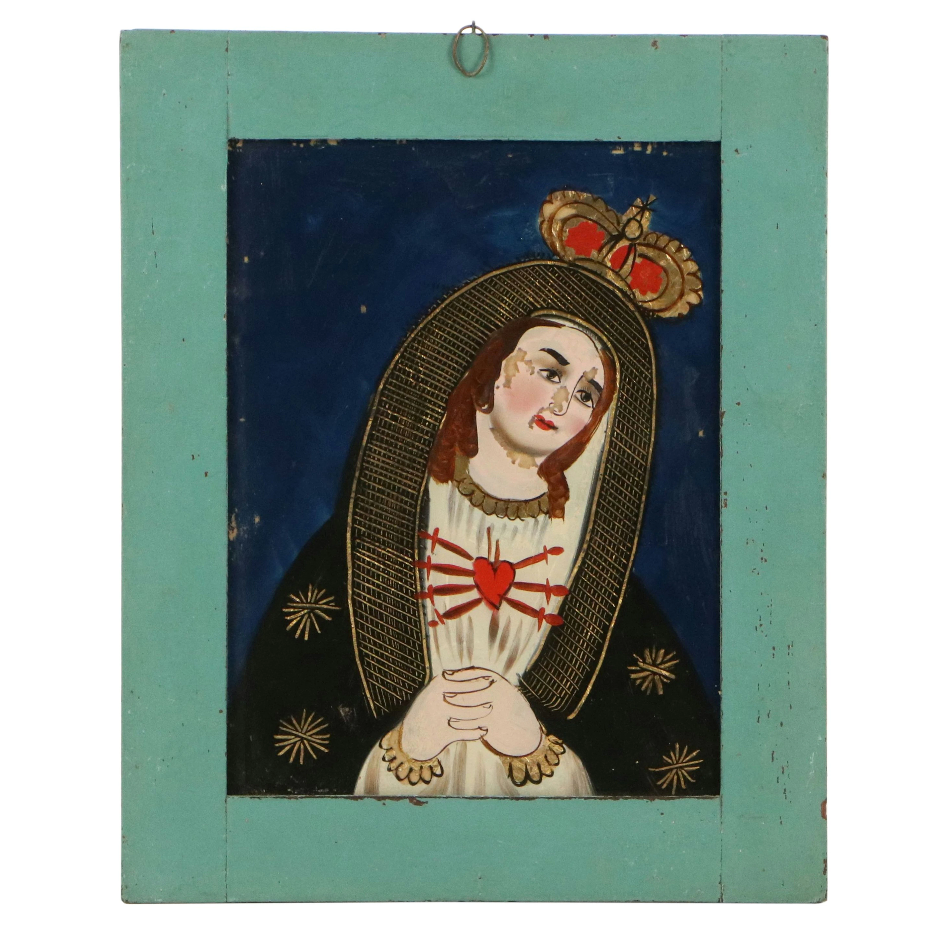 Mexican School Reverse Glass Painting of Mater Dolorosa, Circa 19th Century