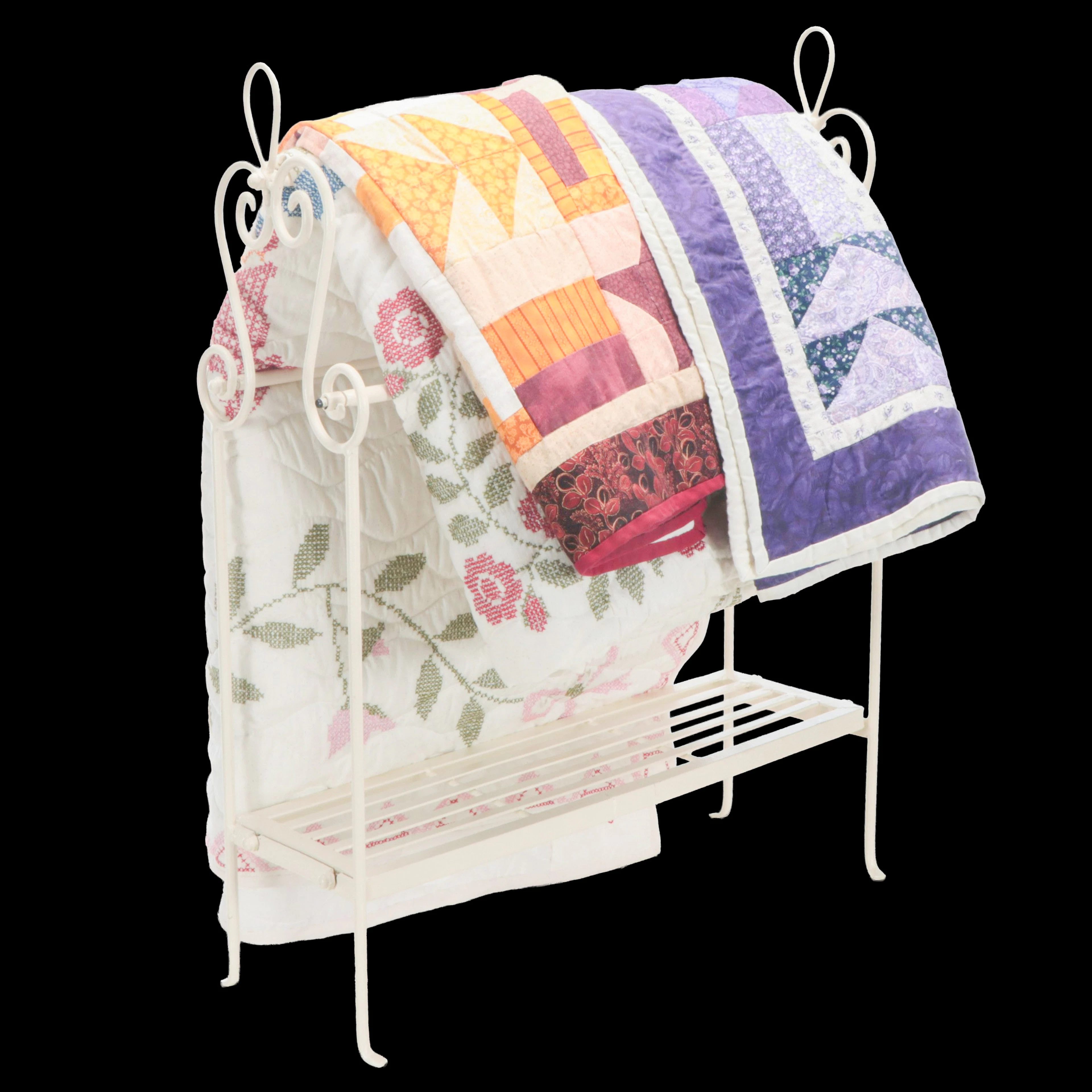 Handmade Sampler Pattern and Cross-Stitch Quilts, White Wrought Iron
