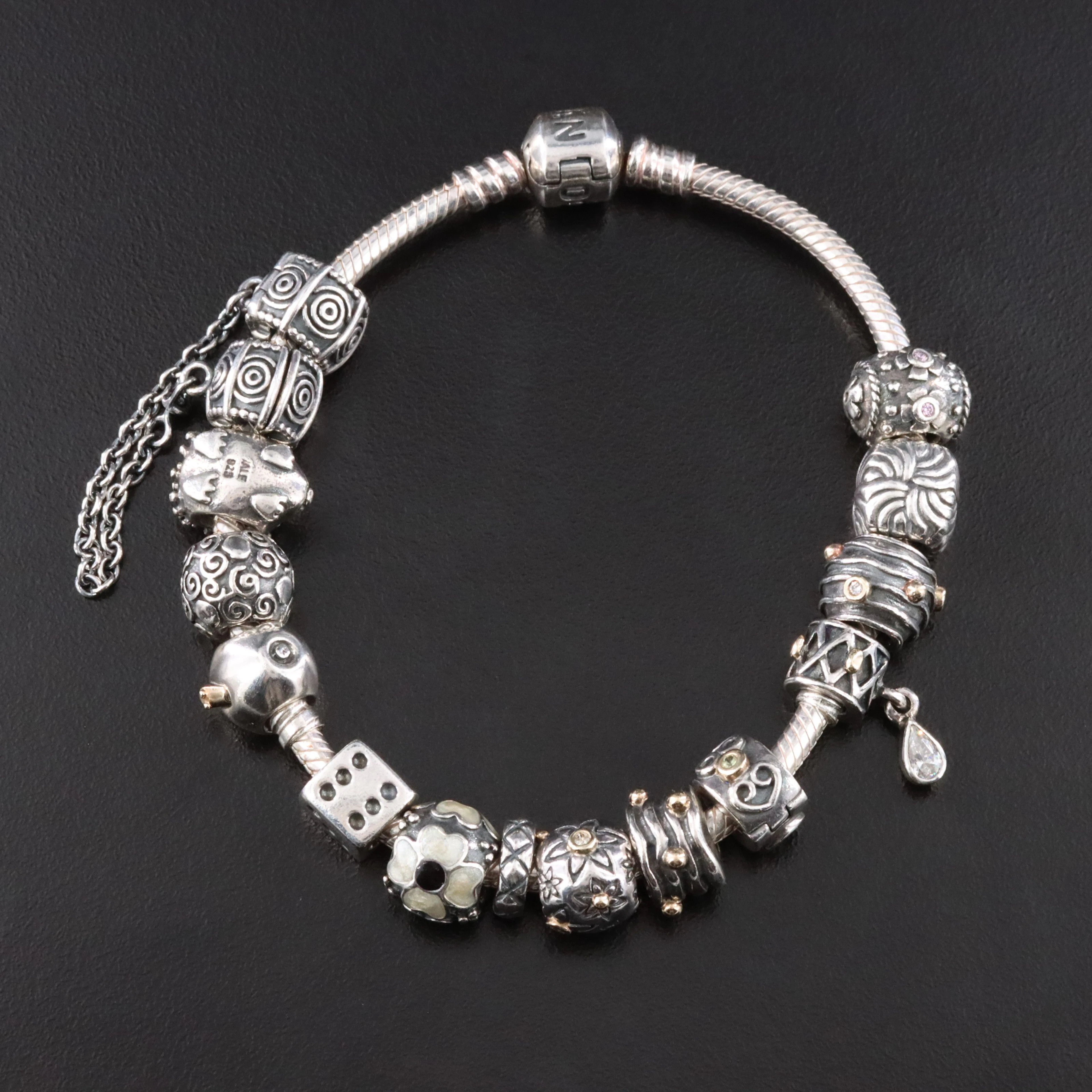 Pandora Sterling Bracelet with Bead Charms Including CZ and Enamel