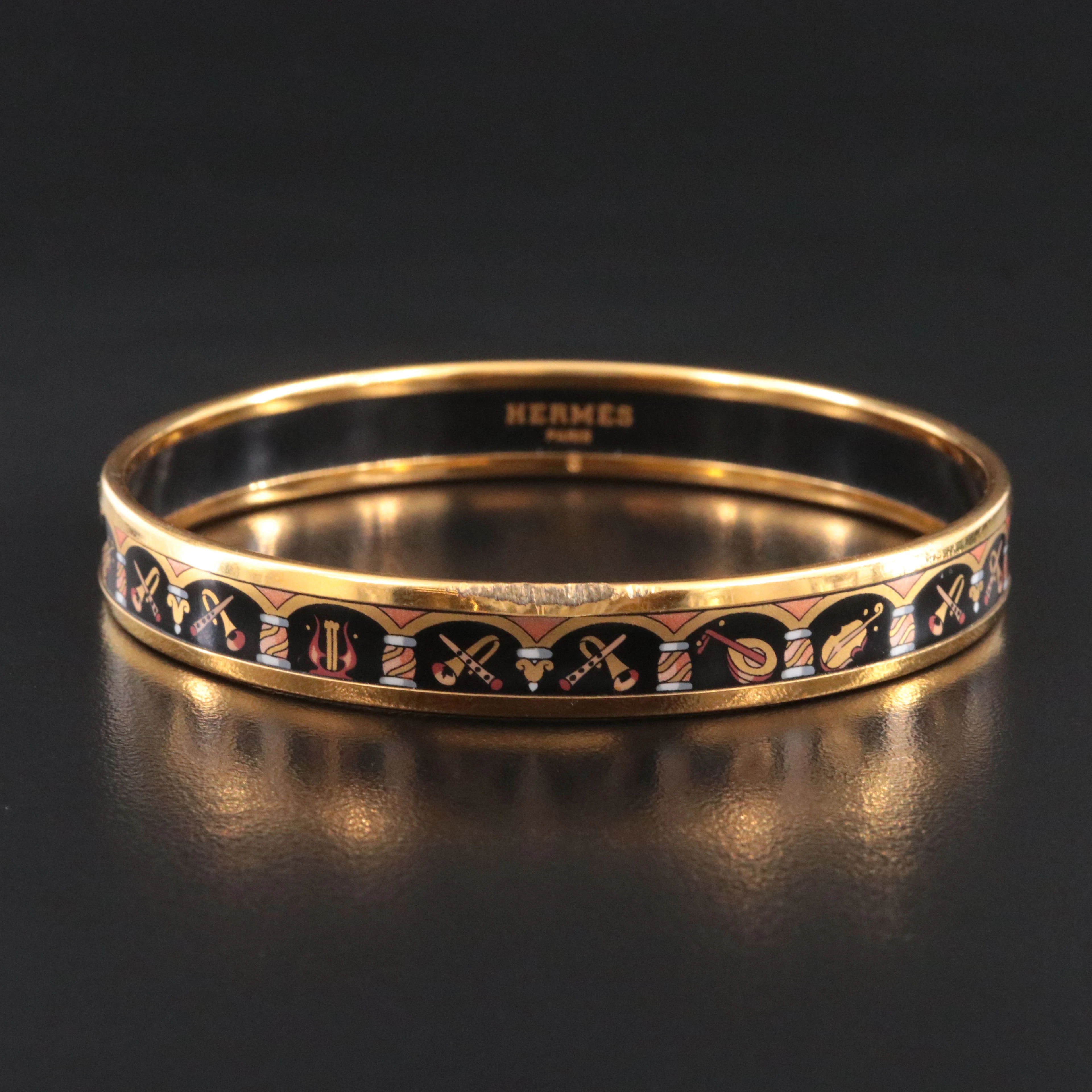 Hermès Musical Instruments Narrow Black Enamel Bangle