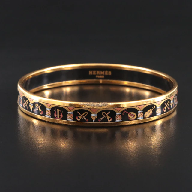 Hermès Musical Instruments Narrow Black Enamel Bangle