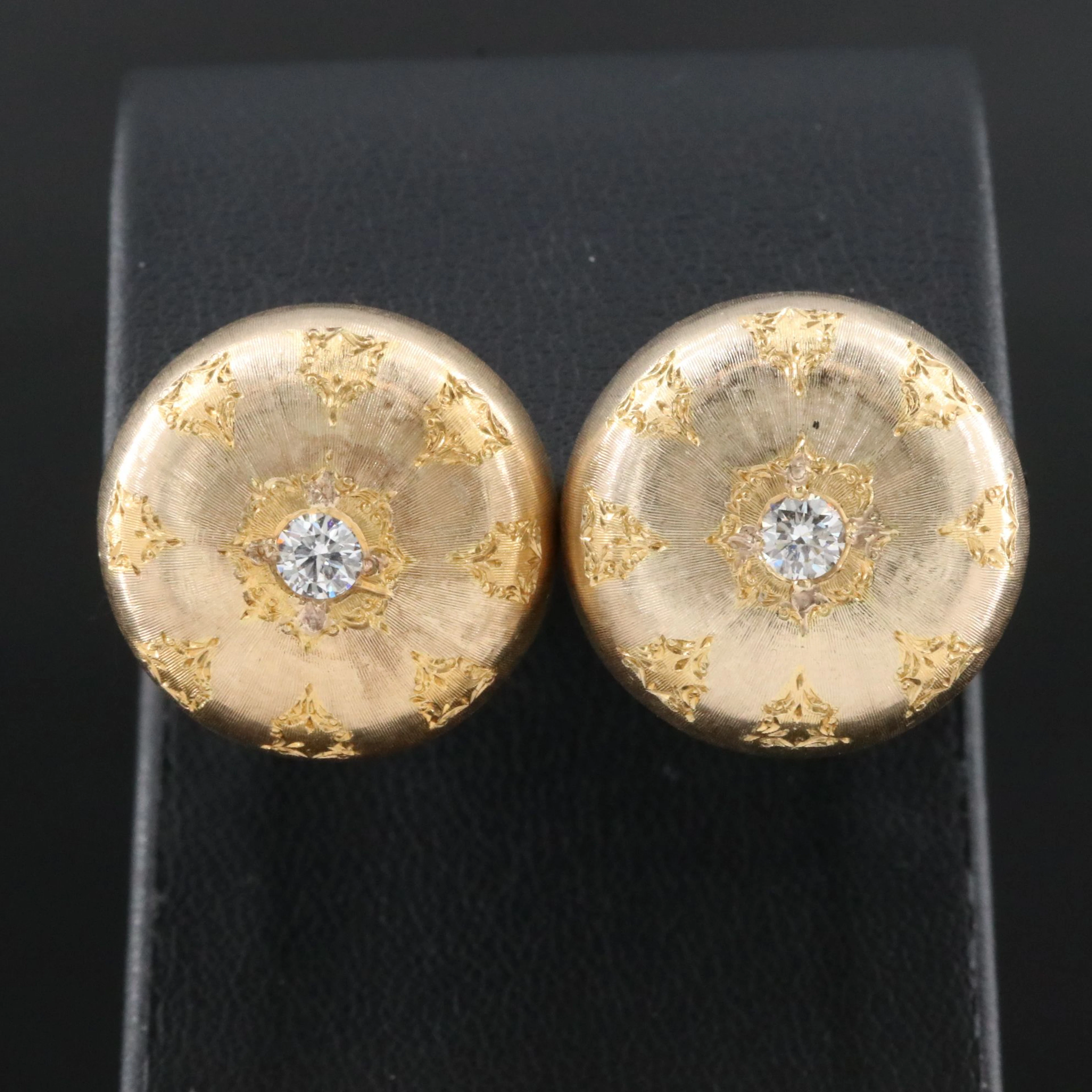 Buccellati Rigato 18K 0.46 CTW Diamond Engraved Button Earrings