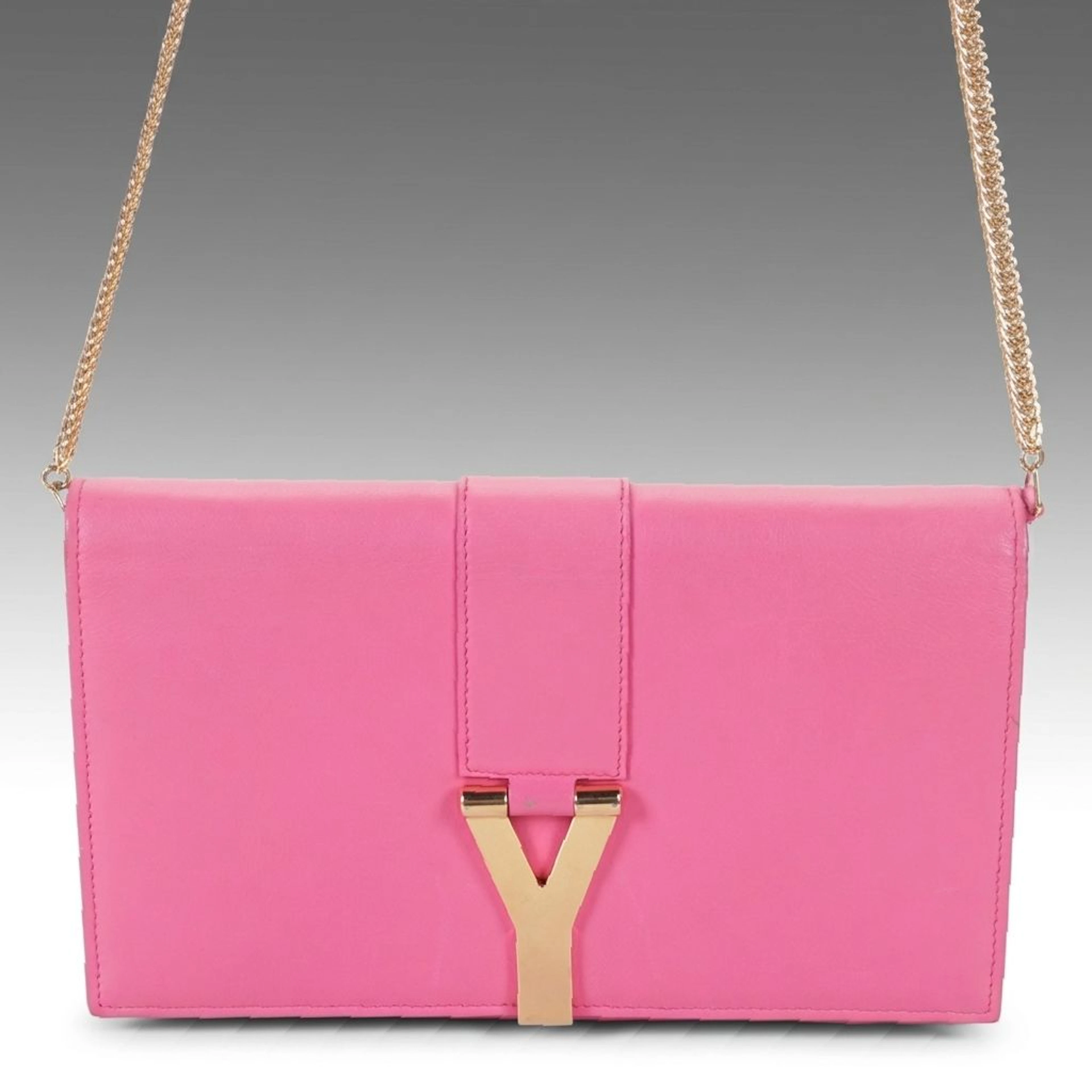 Saint Laurent Y-Line Chain Clutch in Pink Leather