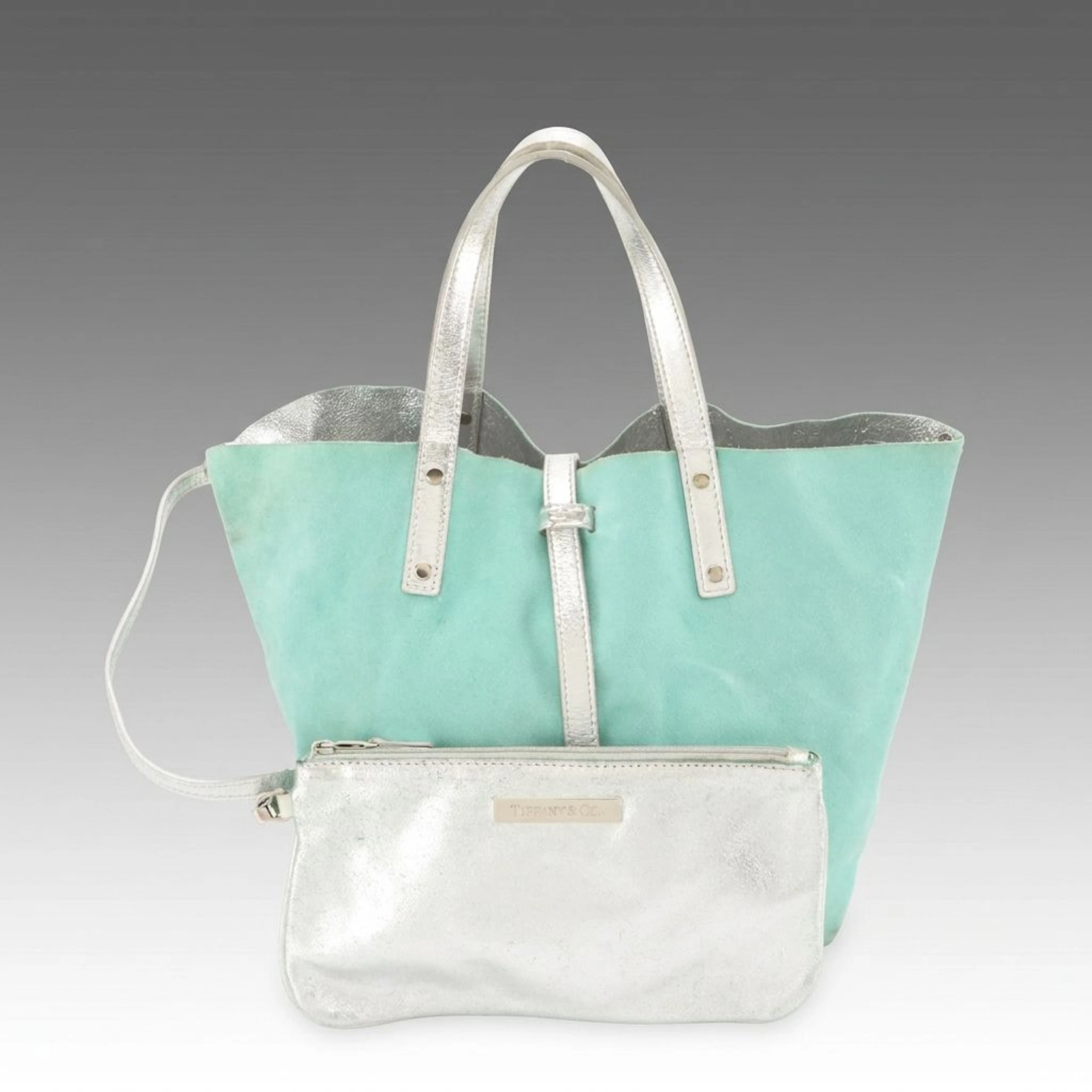 Tiffany & Co. Reversible Tote & Zip Pouch in Silver Leather & Tiffany