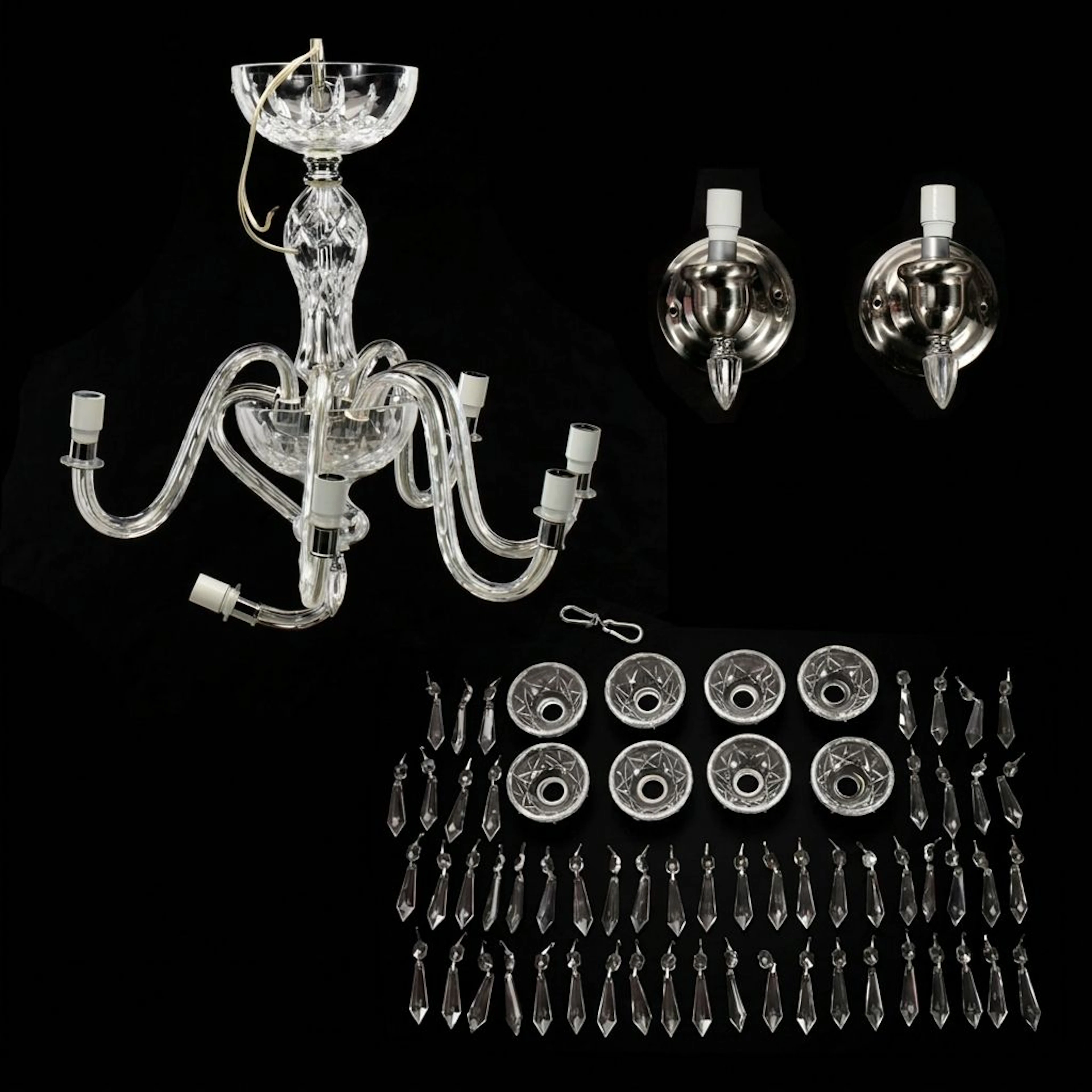 Waterford Crystal "Lismore" Six-Arm Chandelier with Pair of Nickel Wall Sconces