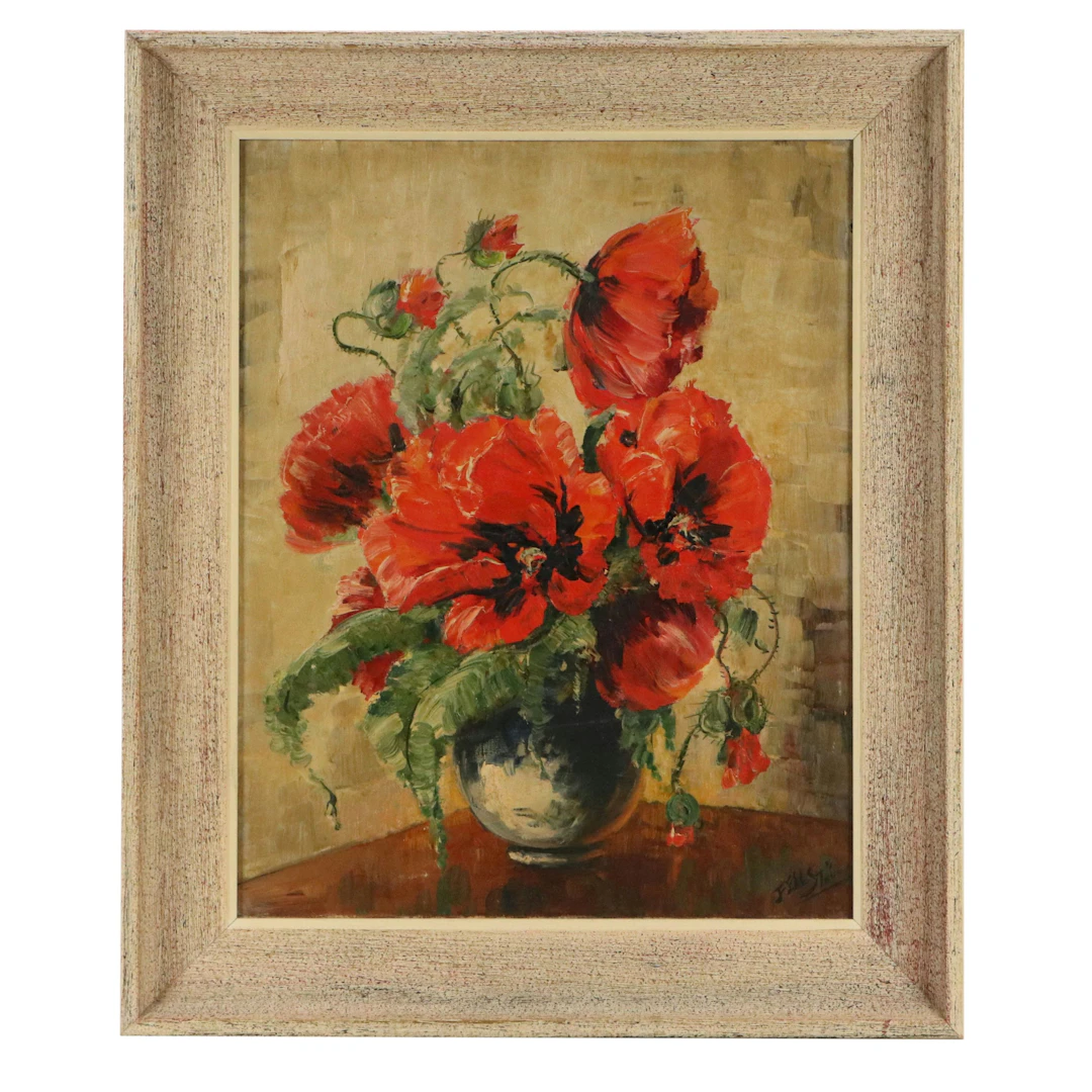 Paula Feil-Stöver Oil Painting of Poppies in Vase, Mid to Late 20th Century