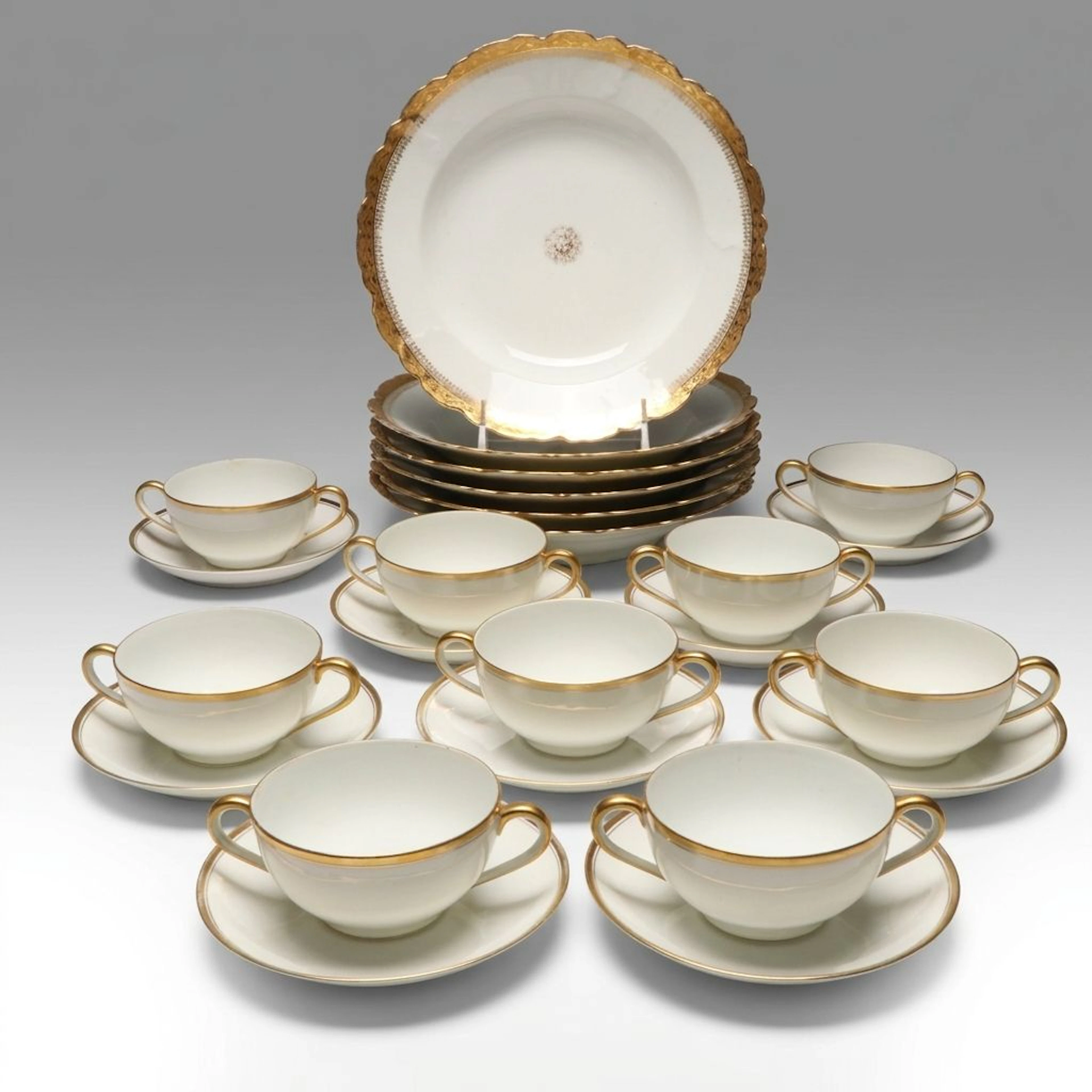 Noritake "Waverly" Cream Soup Bowls and Saucers with Limoges Porcelain Bowls