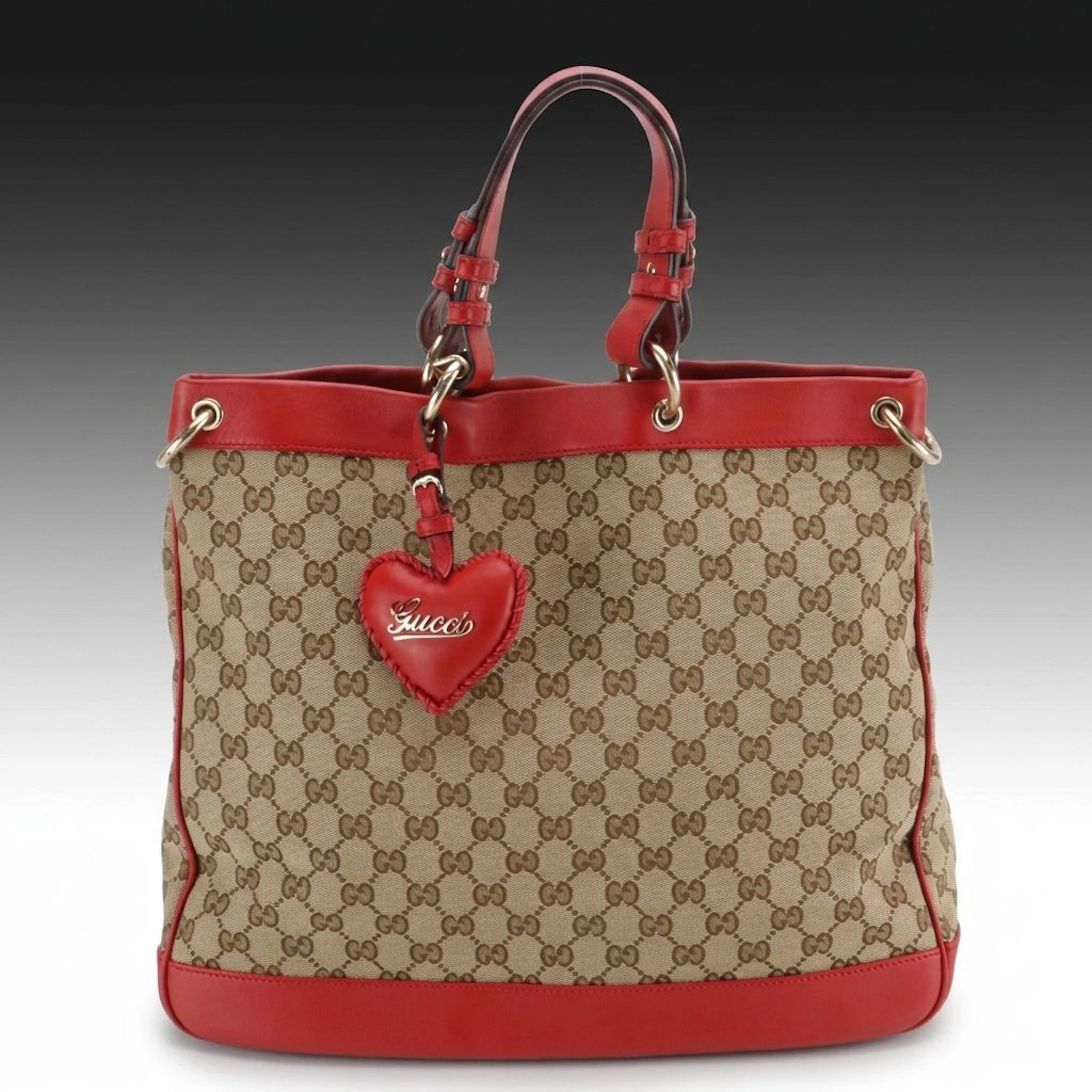 Gucci Valentine Two-Way Tote Bag in Beige GG Canvas and Red Calfskin Leather
