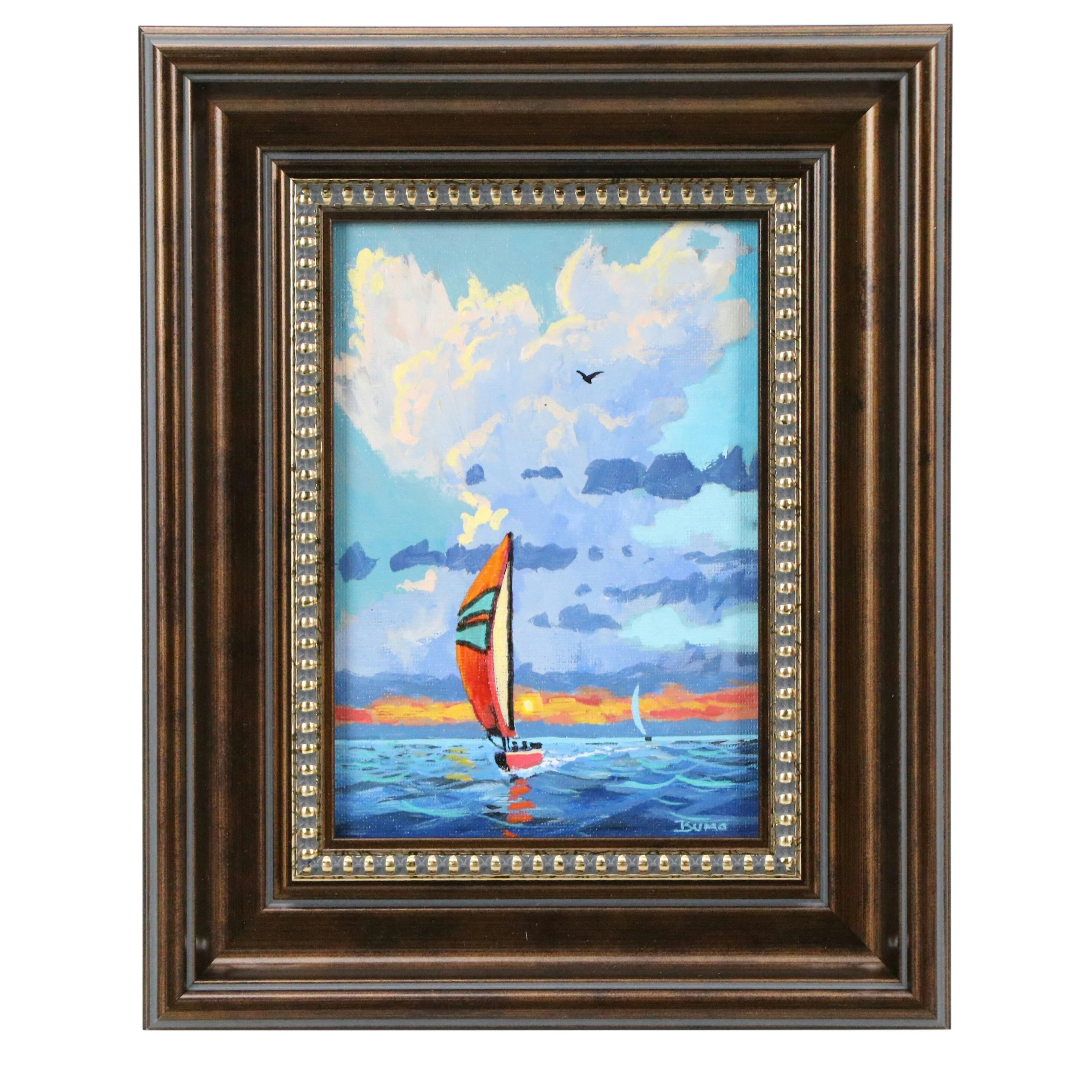 Douglas "Bumo" Johnpeer Maritime Acrylic Painting of Sailboat, 21st Century