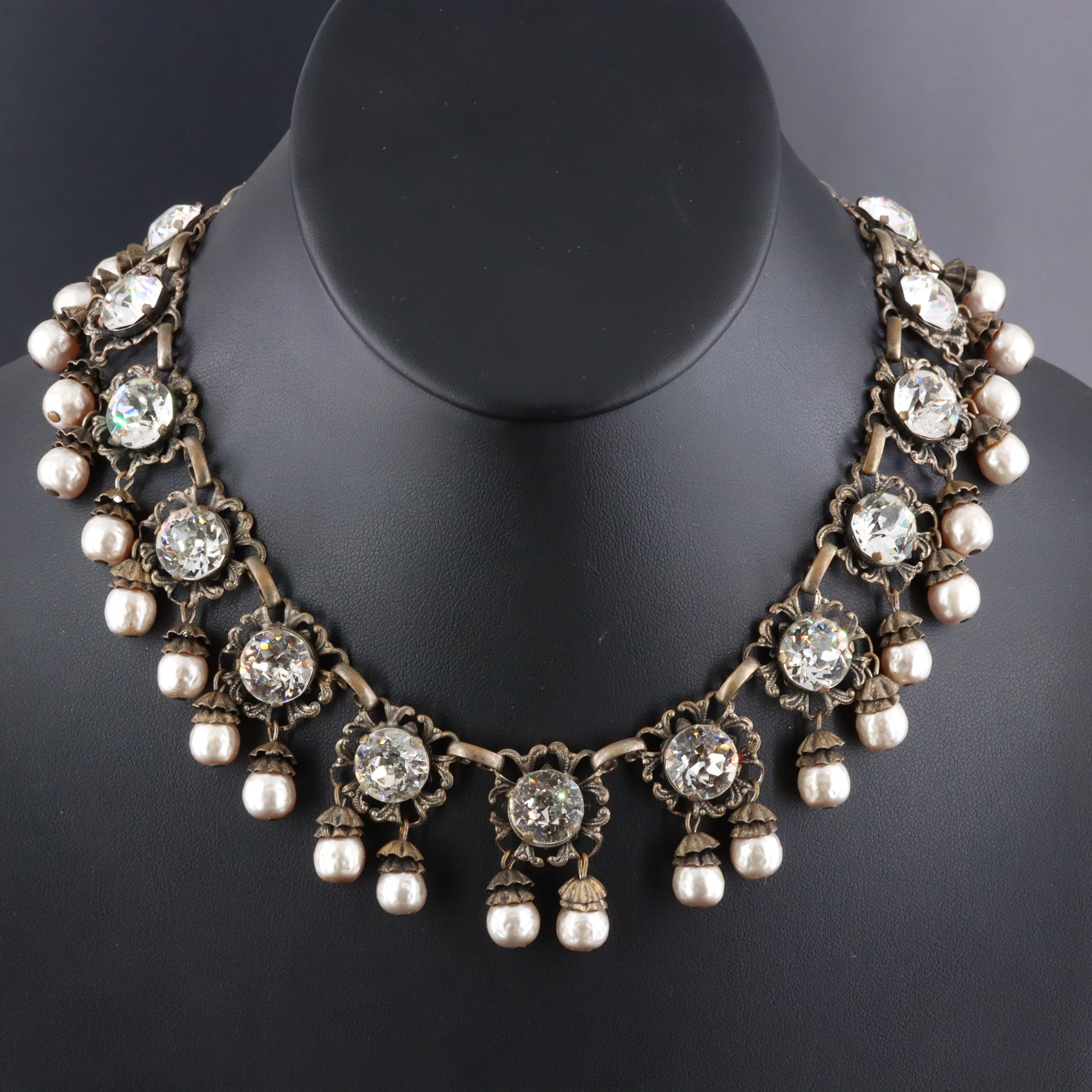 Miriam Haskell Crystal and Glass Pearl Fringe Necklace