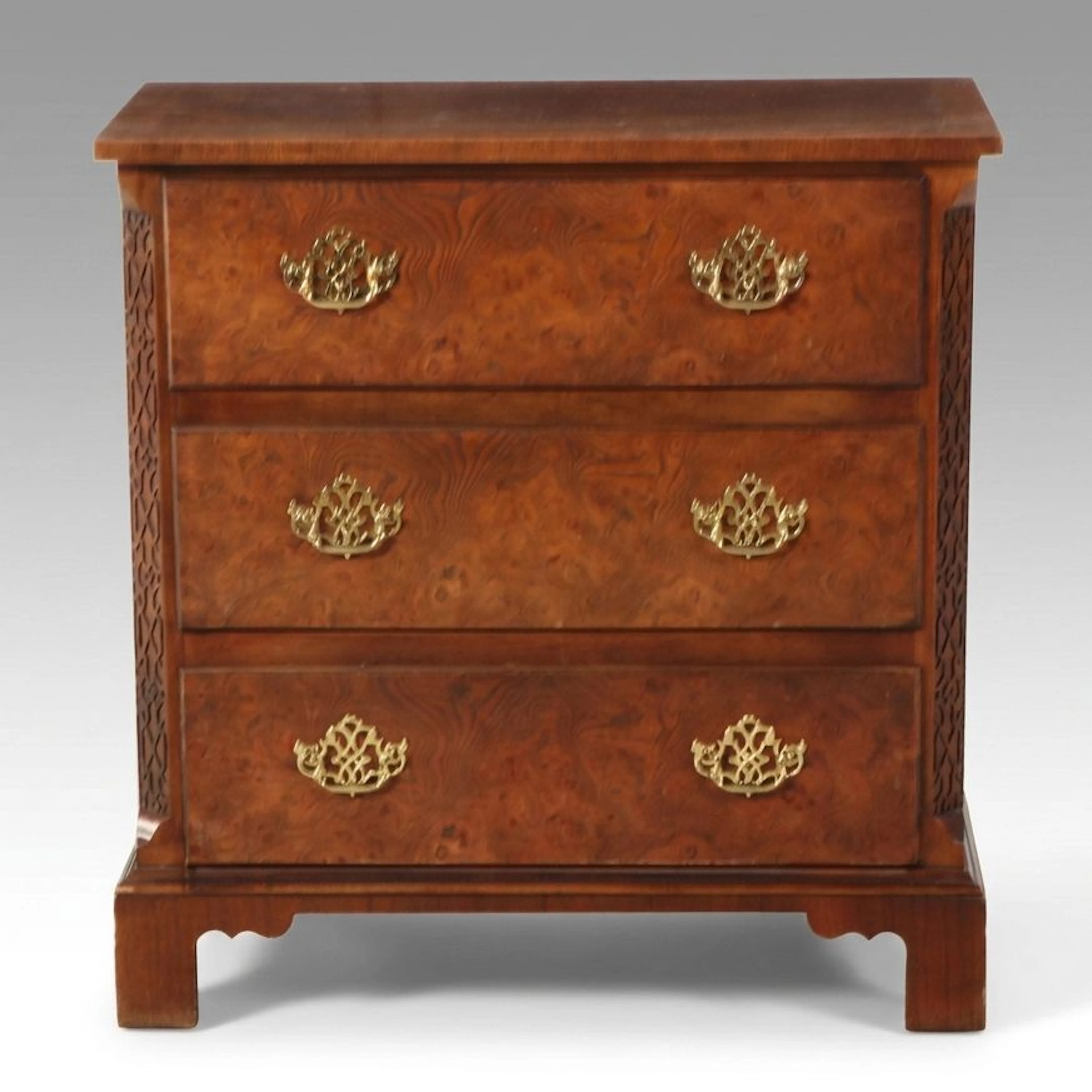 Baker Furniture Chippendale Style Burl Wood Three-Drawer Chest