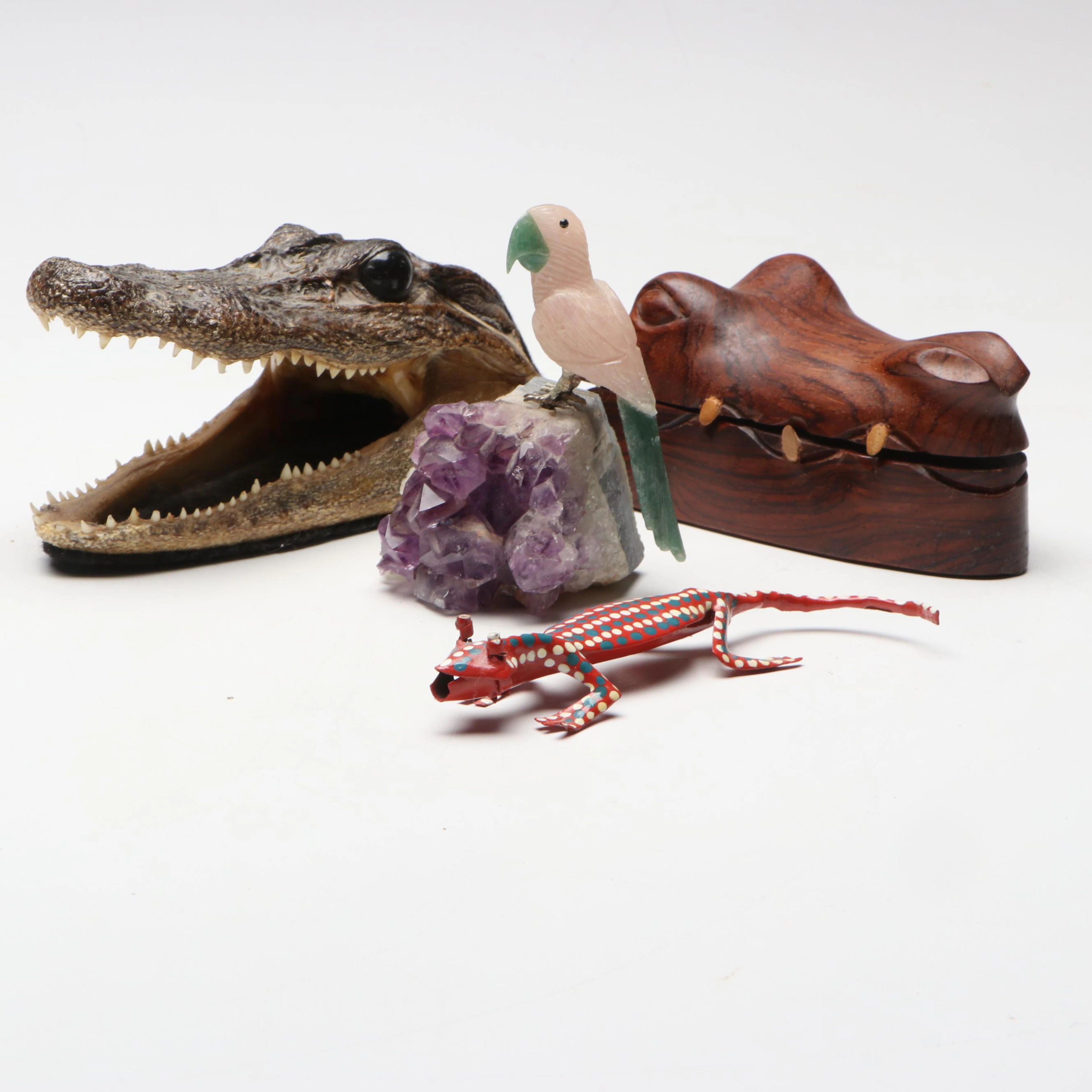 Taxidermy Alligator Head with Rose Quartz Bird on Amethyst Geode and