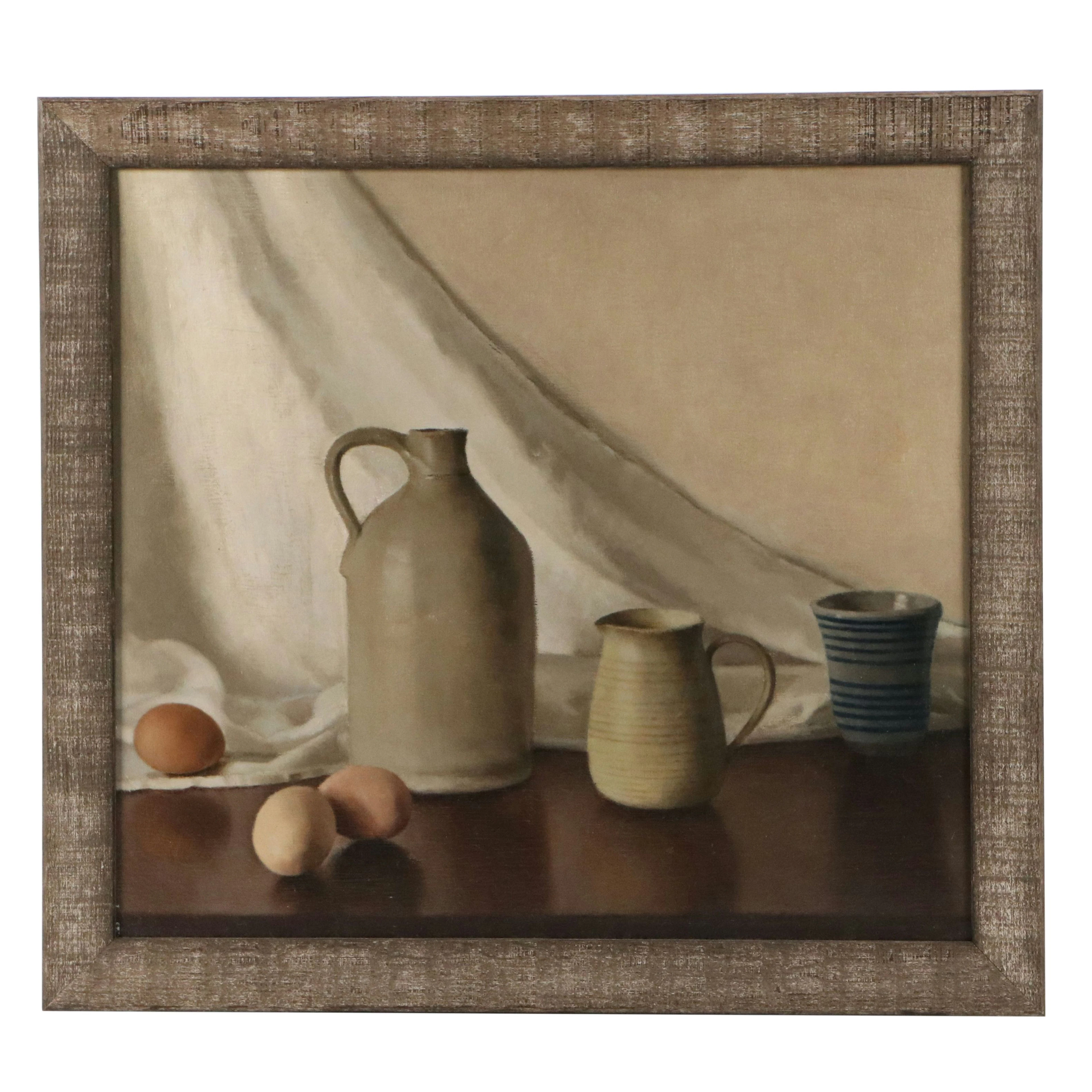 American School Still Life Oil Painting of Earthenware and Eggs, Circa 1980s