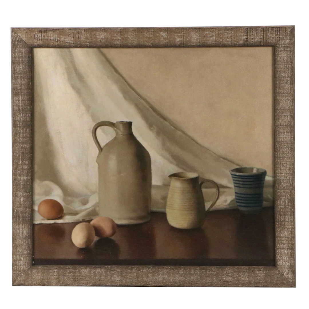 American School Still Life Oil Painting of Earthenware and Eggs, Circa 1980s