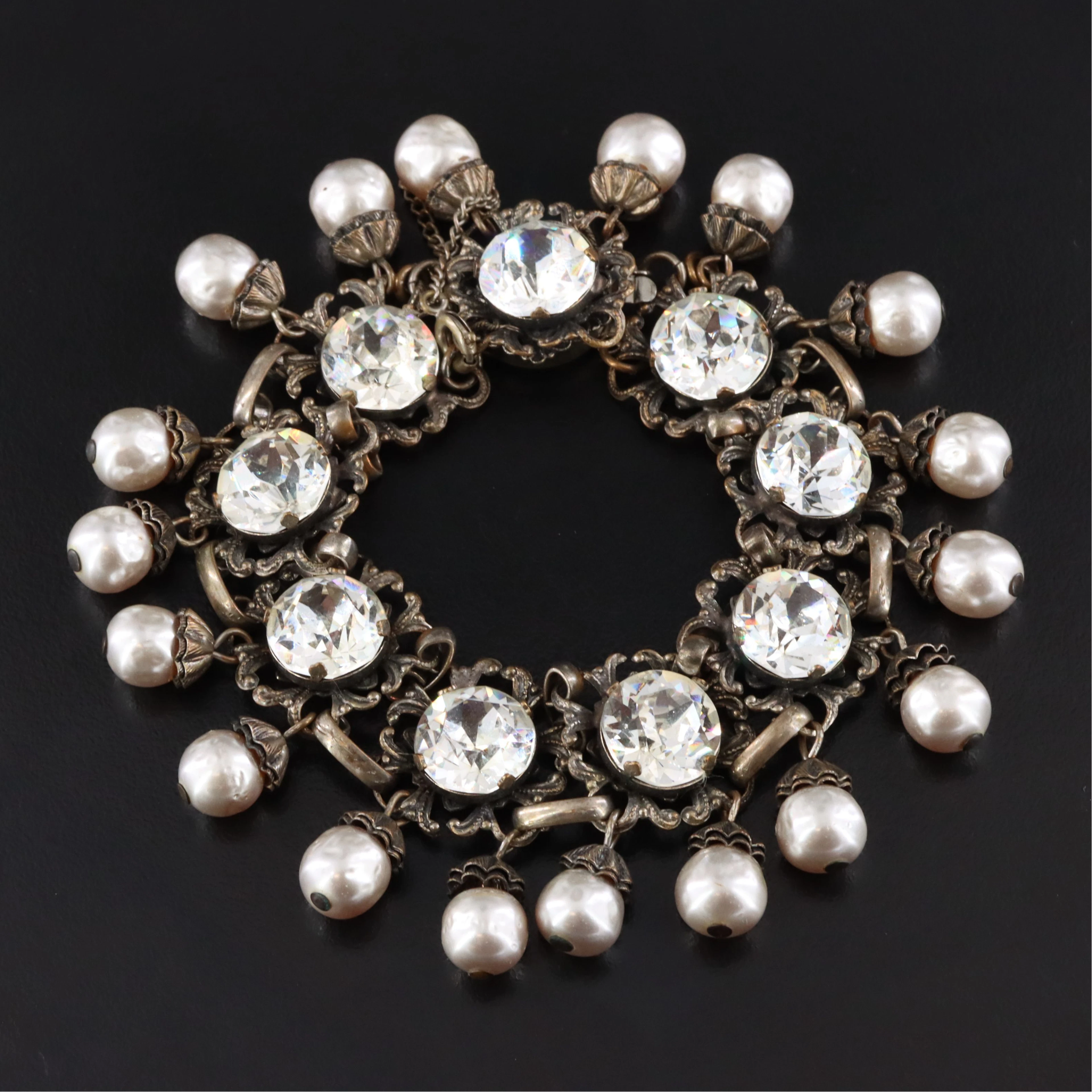 Miriam Haskell Crystal and Glass Pearl Fringe Bracelet
