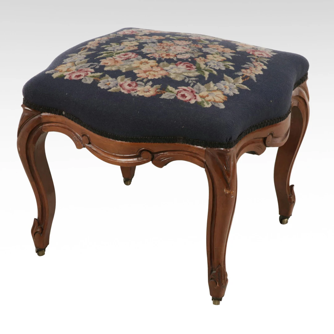 Victorian Rococo Revival Walnut and Needlepoint Stool, Mid to Late 19th Century