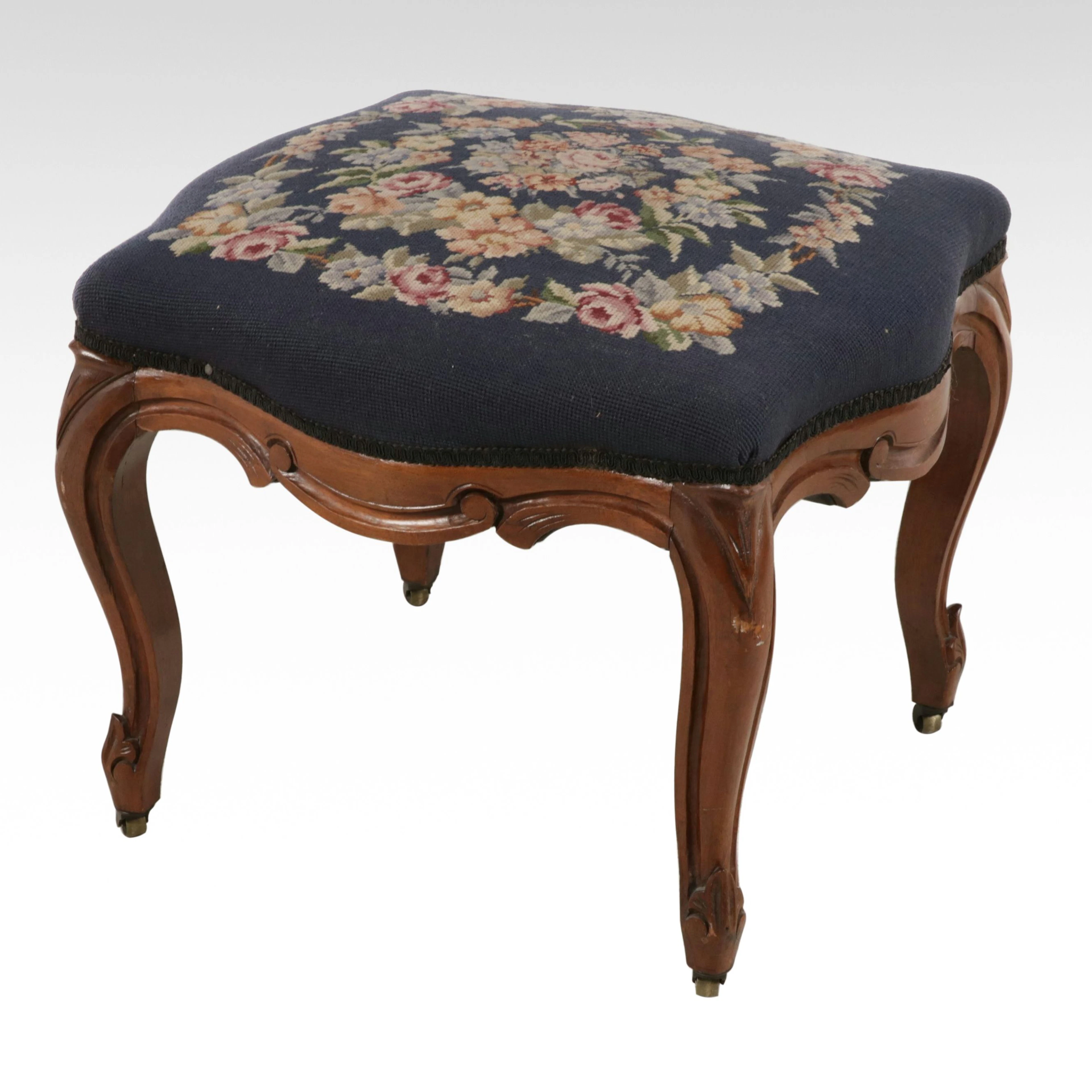 Victorian Rococo Revival Walnut and Needlepoint Stool, Mid to Late 19th Century