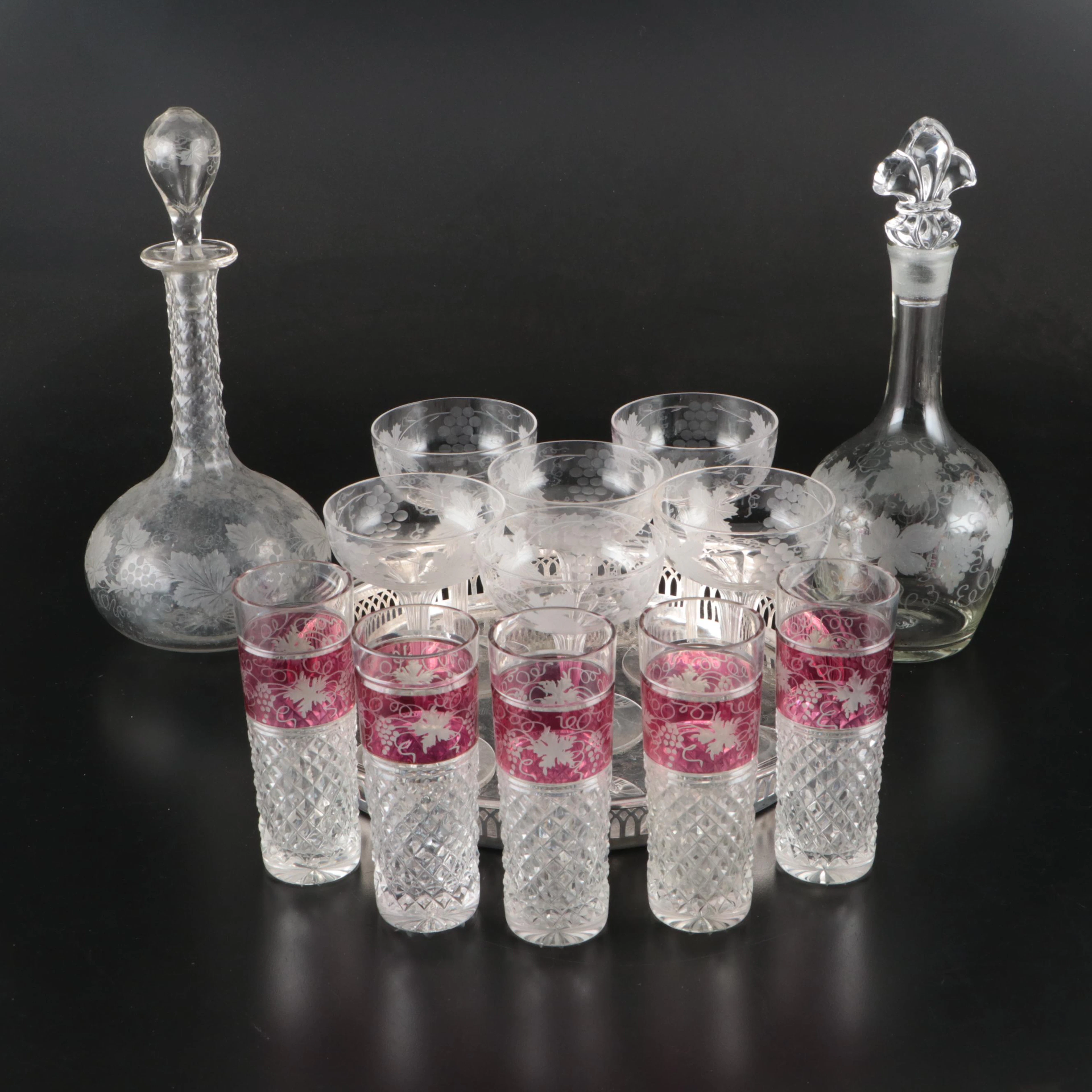 Wallace Silver Plate Tray with Cut Glass Tumblers, Champagne Coupes and More