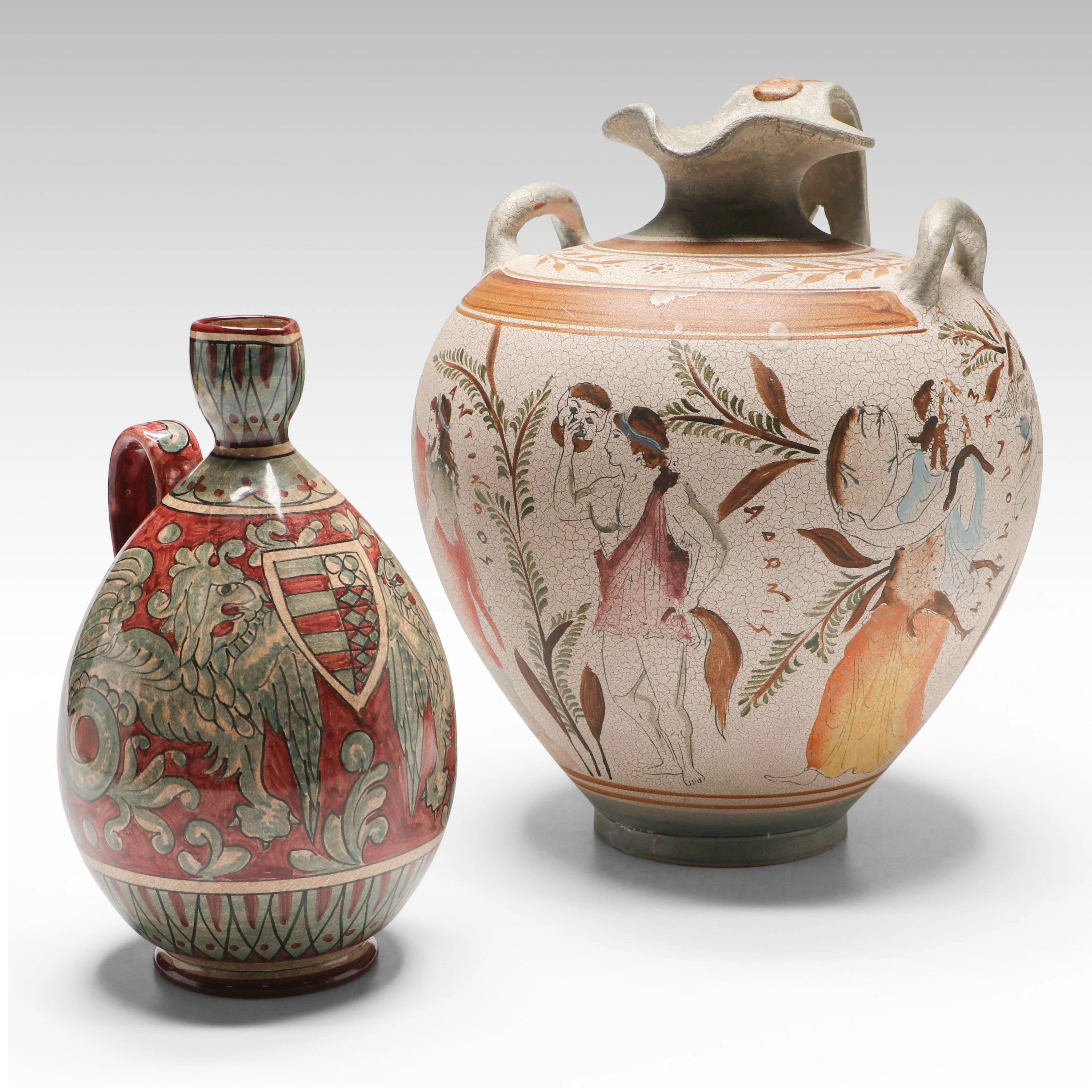 Minoan Style Ceramic Amphora Vase with Biagioli Renaissance Style Majolica Ewer