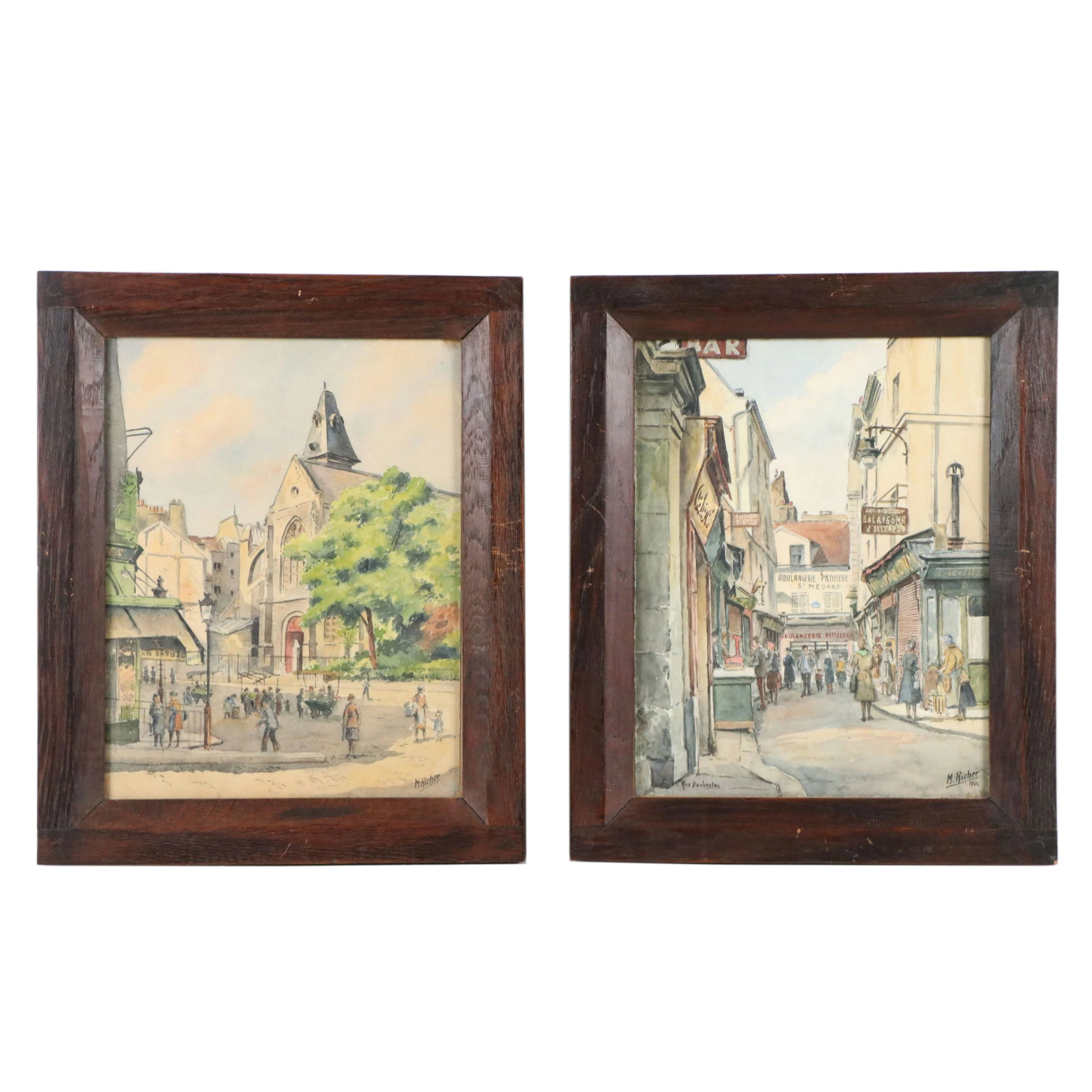M. Richer Parisian Cityscape Watercolor Paintings, 1940s