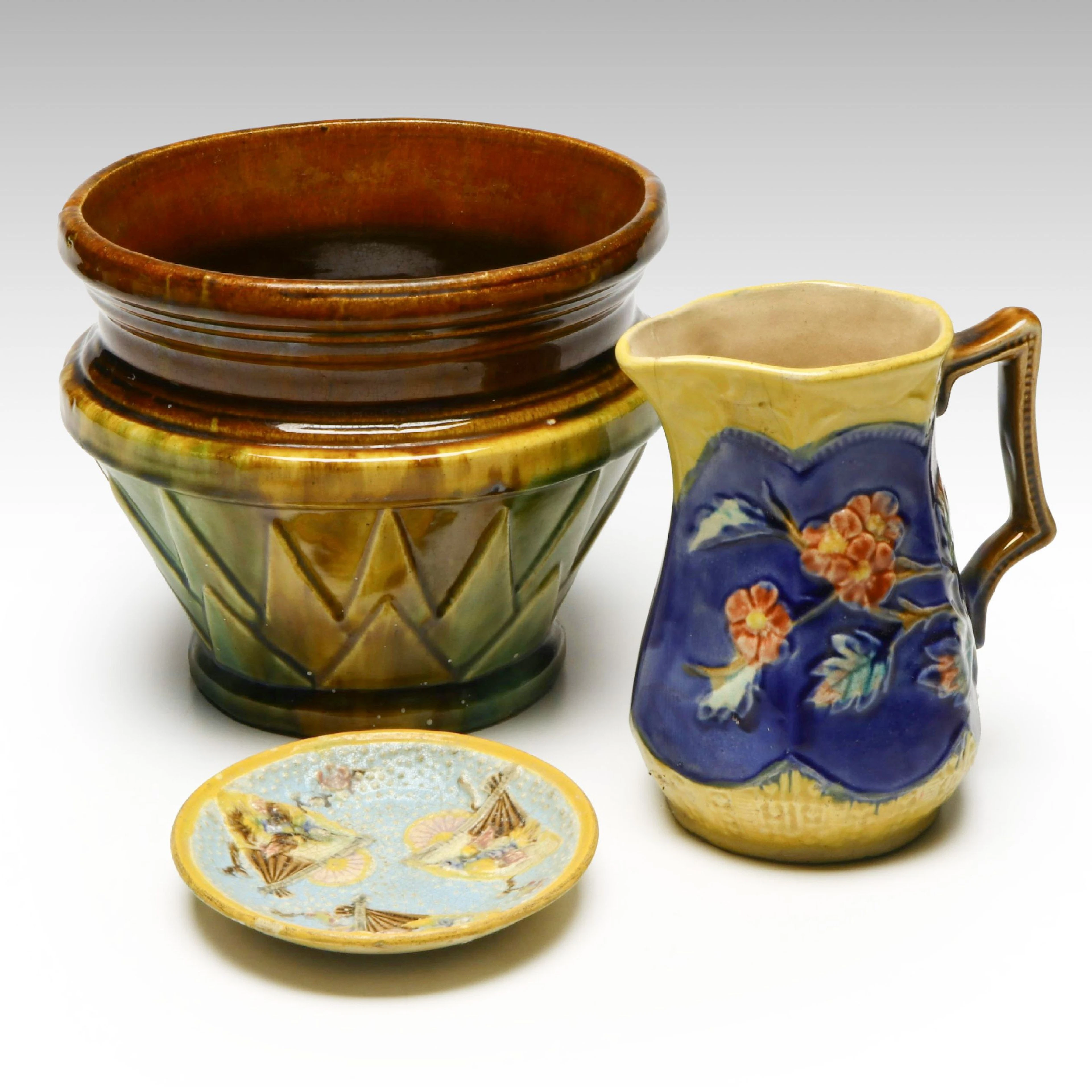 Early McCoy Art Deco Sunburst Jardinière, English Majolica Pitcher with Plate