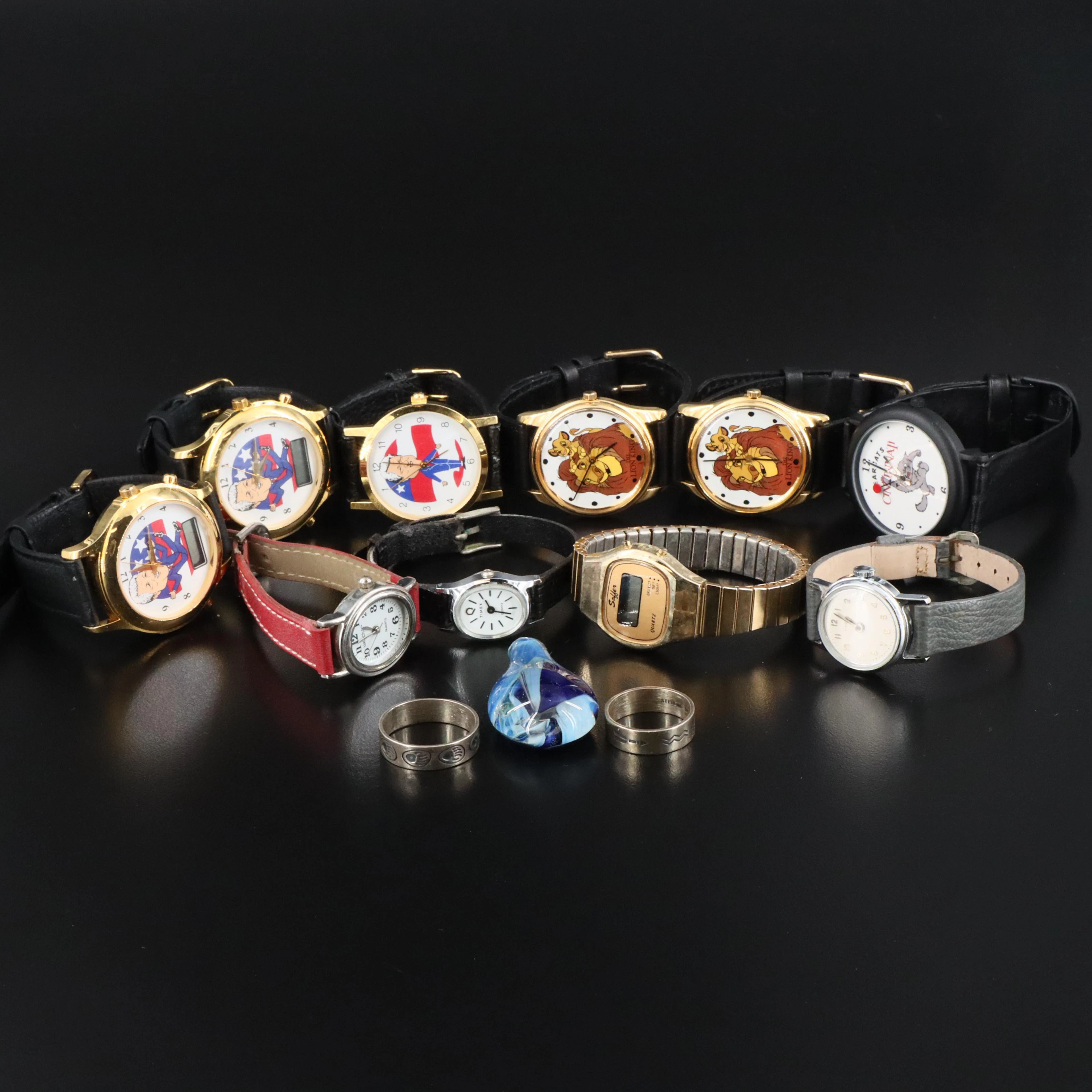 Collection of Novelty and Classic Watches with Sterling Rings and Glass Pendant