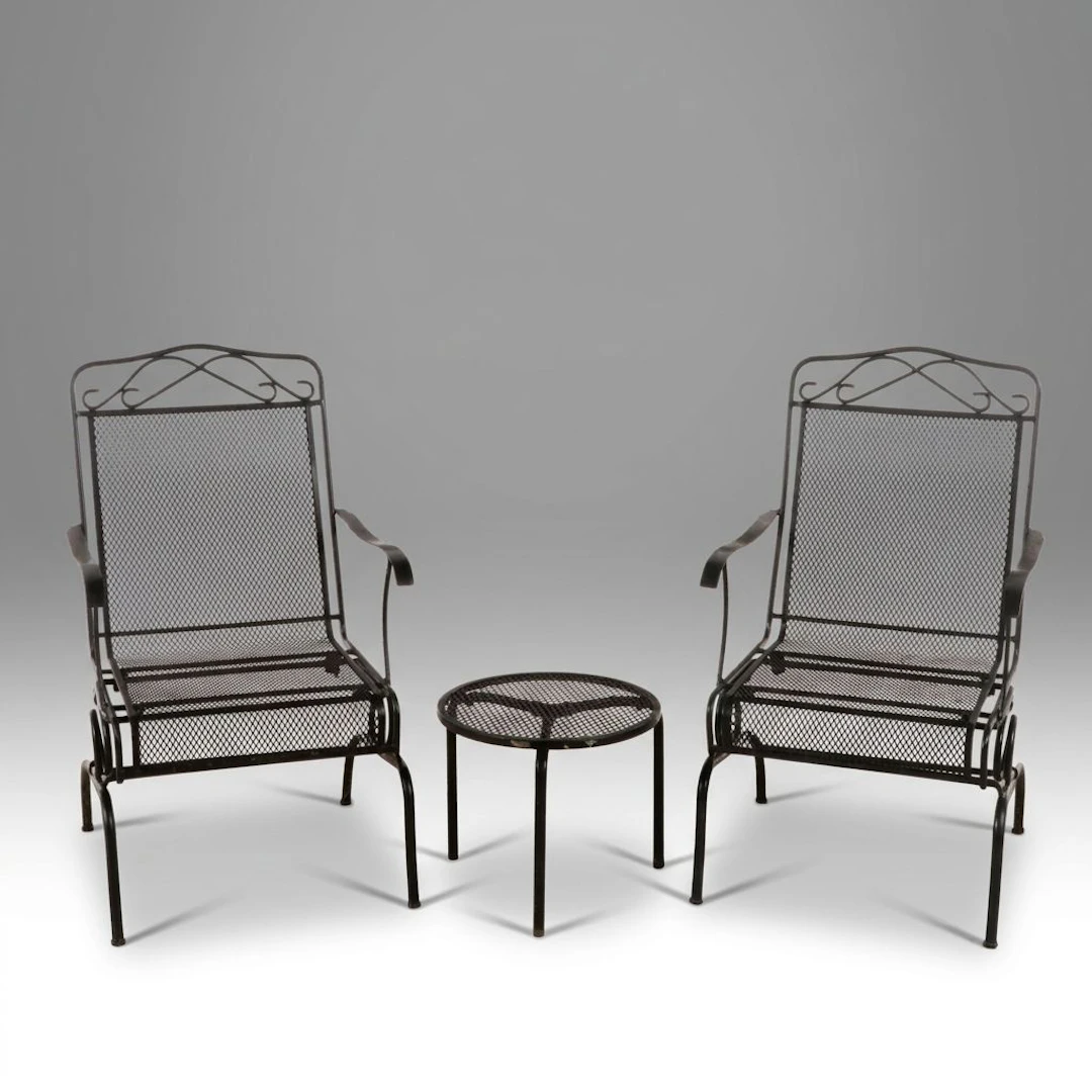 Pair of Wrought Metal Patio Armchairs with End Table