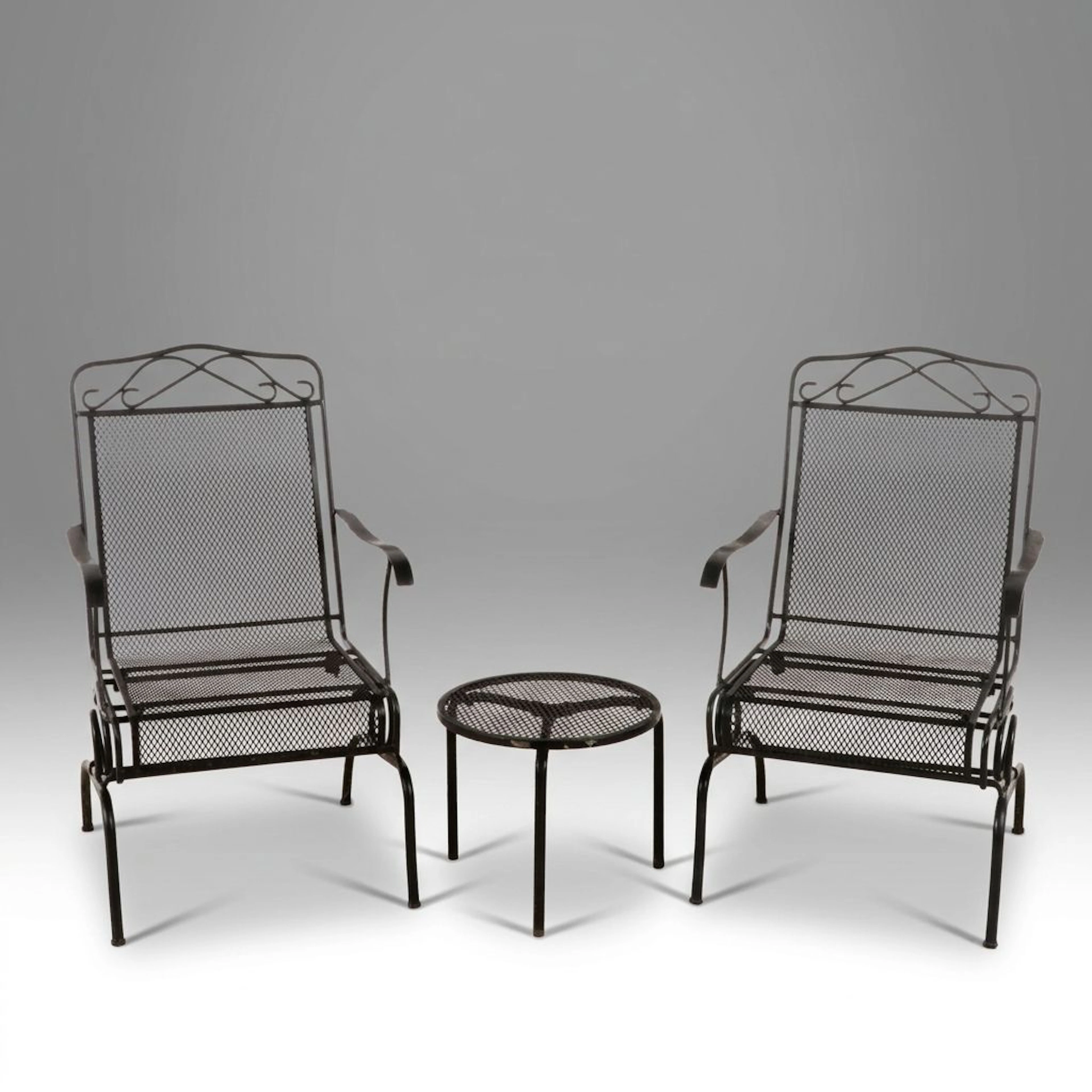 Pair of Wrought Metal Patio Armchairs with End Table