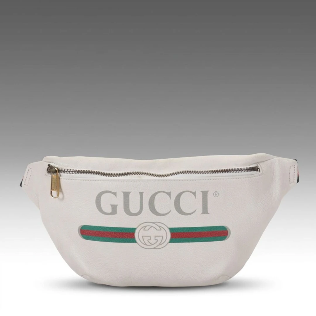 Gucci Belt Bag in Logo Printed White Grained Calfskin Leather with Web Strap