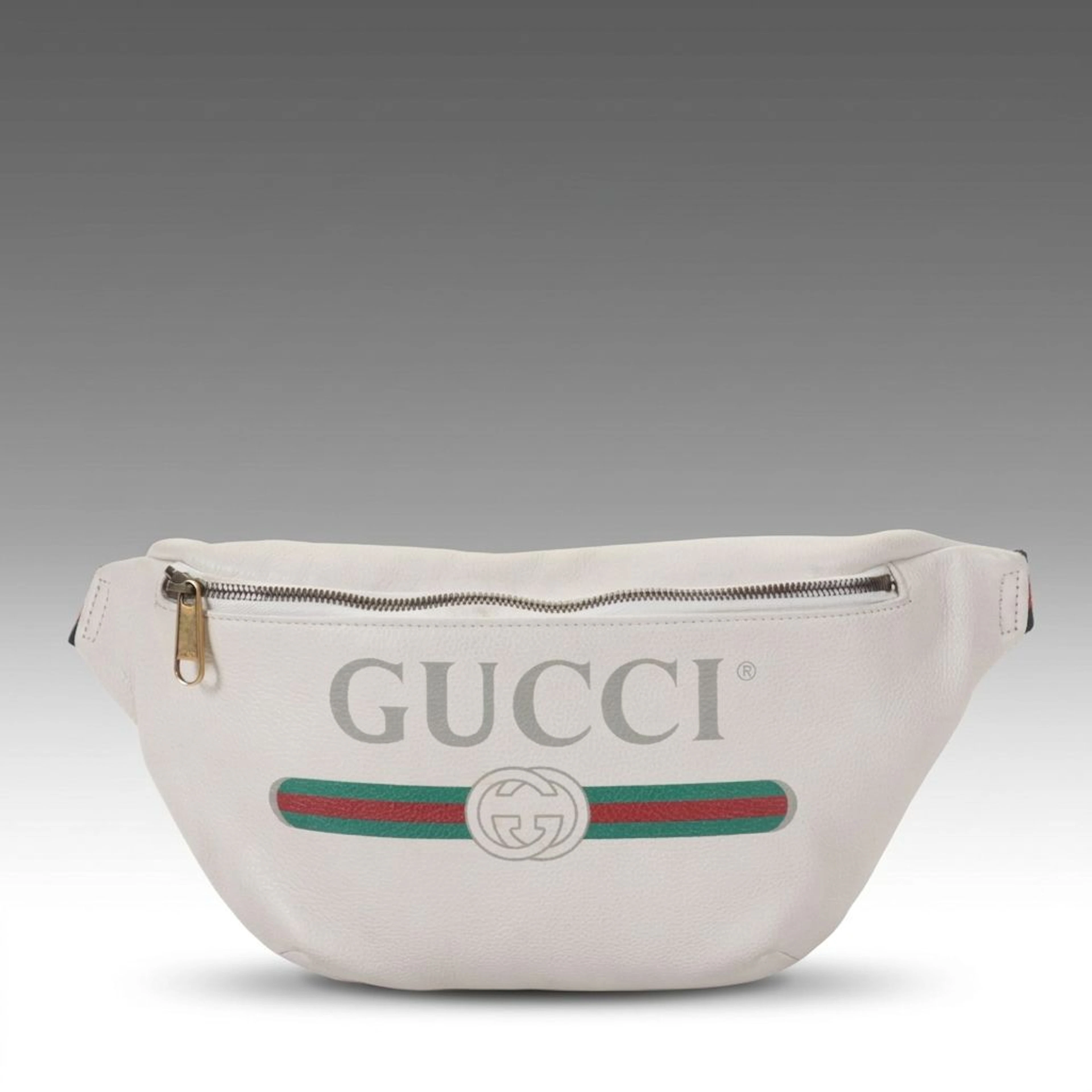 Gucci Belt Bag in Logo Printed White Grained Calfskin Leather with Web Strap