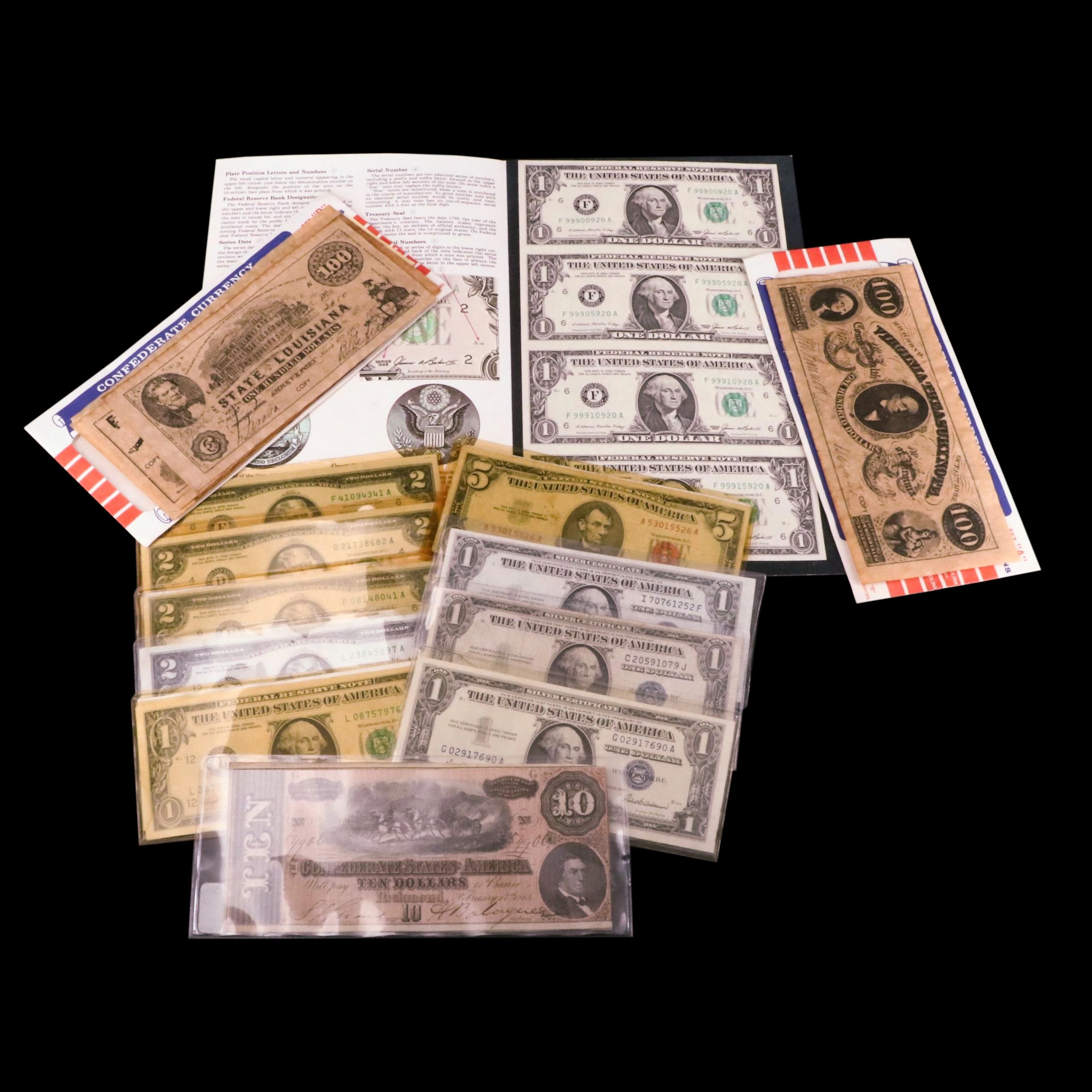 Confederate States $10 Obsolete Banknote, Uncut Sheet of Currency, and More
