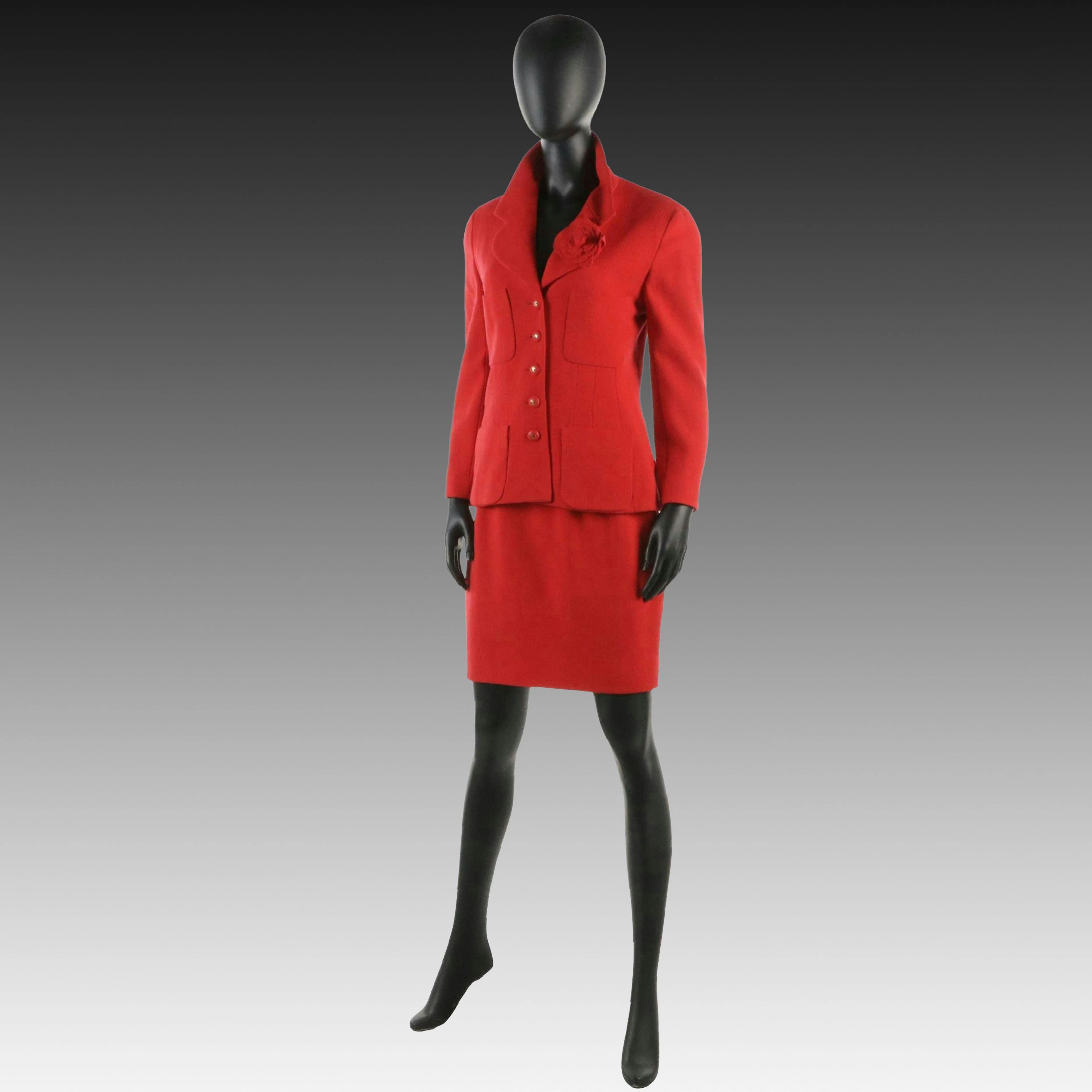 Chanel Boutique Red Textured Wool Blend Skirt Suit with Camellia Brooch, 1990s